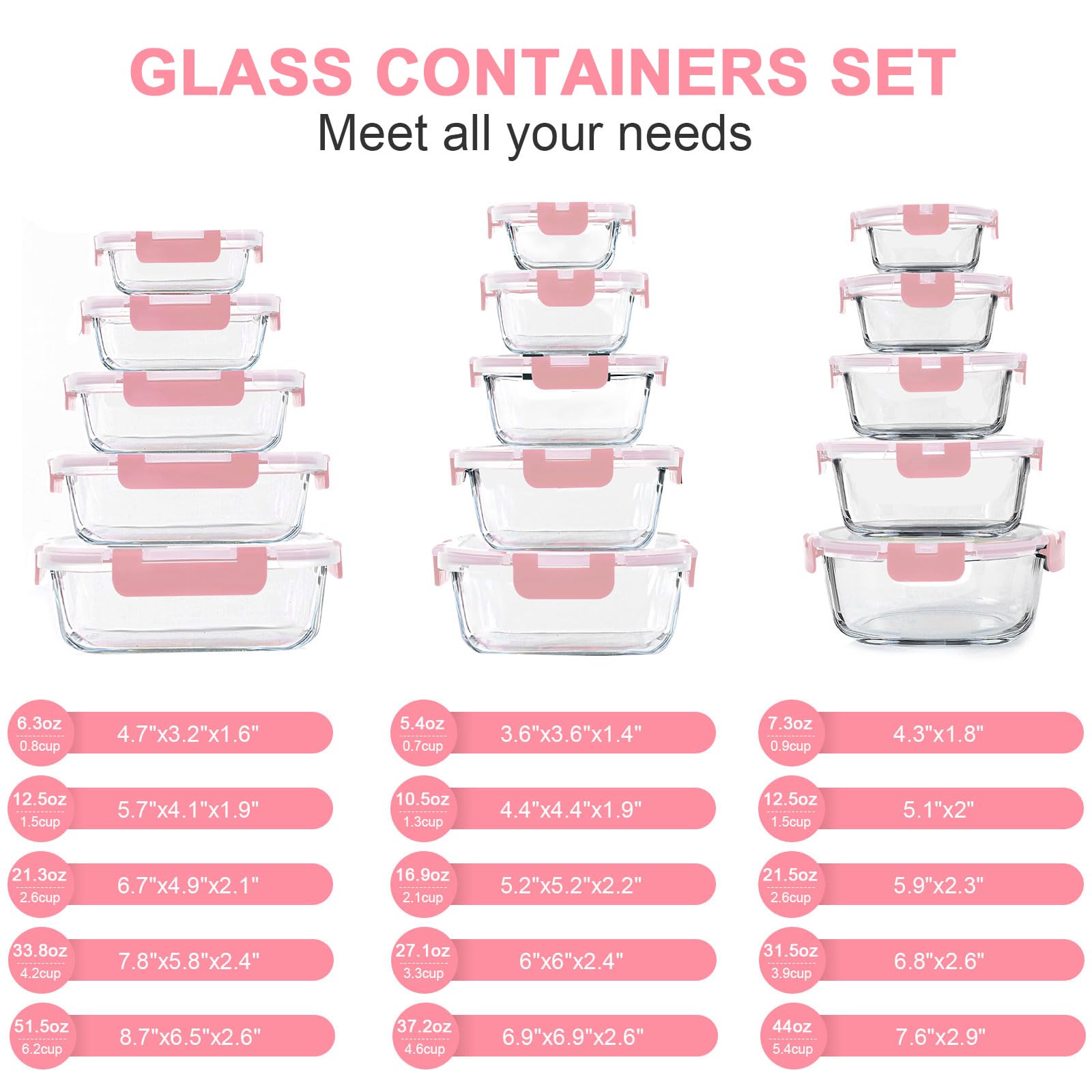 30-Piece Glass Food Storage Containers Set with Snap-Lock Lids - Airtight Meal Prep & Lunch Containers for Microwave, Oven, Freezer & Dishwasher Safe (Pink) - Perfect for Meal Prepping, Leftovers & Office Lunches