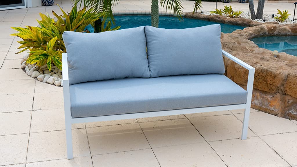 Juno 4-Piece White Aluminum Outdoor Patio Furniture Set - Loveseat, 2 Armchairs & Coffee Table | Weather-Resistant Conversation Sofa for Garden, Poolside & Backyard Relaxation