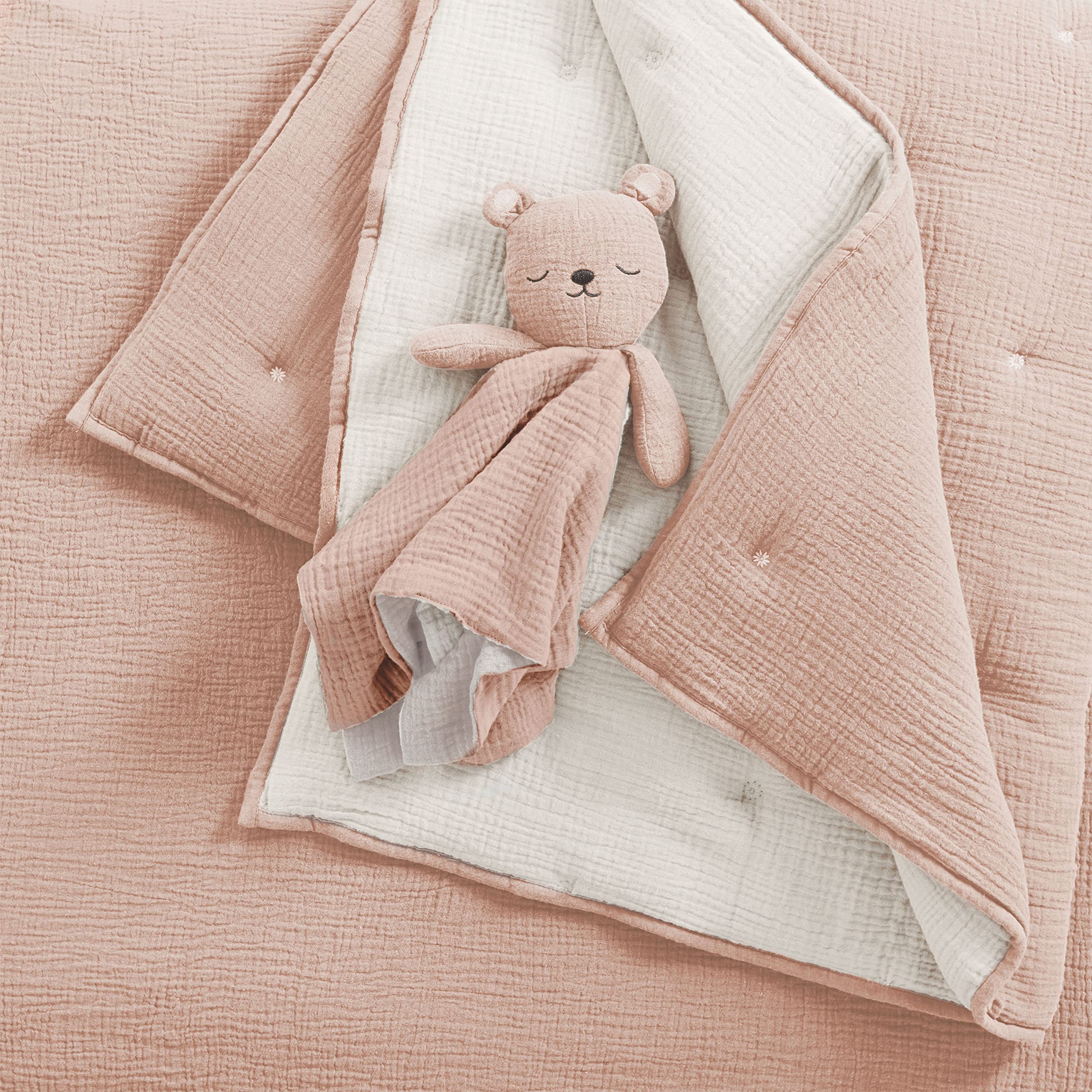 Levtex Baby Cloud Muslin Crib Bed Set - 5 Piece Nursery Set with Quilt, Fitted Sheet, Swaddles & Bear Lovey - Soft Pink and White Floral Design for Baby Girls - Perfect for Nursery Decor, Newborn Gifts & Baby Showers