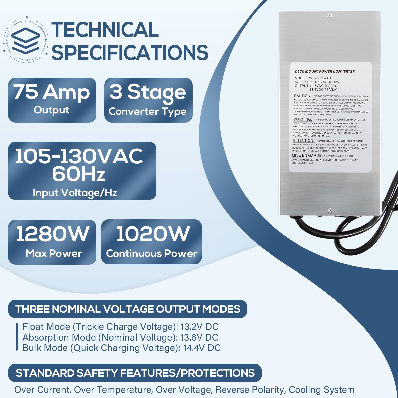 WF-9875 75 Amp RV Power Converter Charger - Replacement for WF-9800 Series (WF-9875-AD-CB, WF-9875-MBA) - Deck Mount Power Supply for RV Trailers & Campers - Perfect for Off-Grid Living & Boondocking