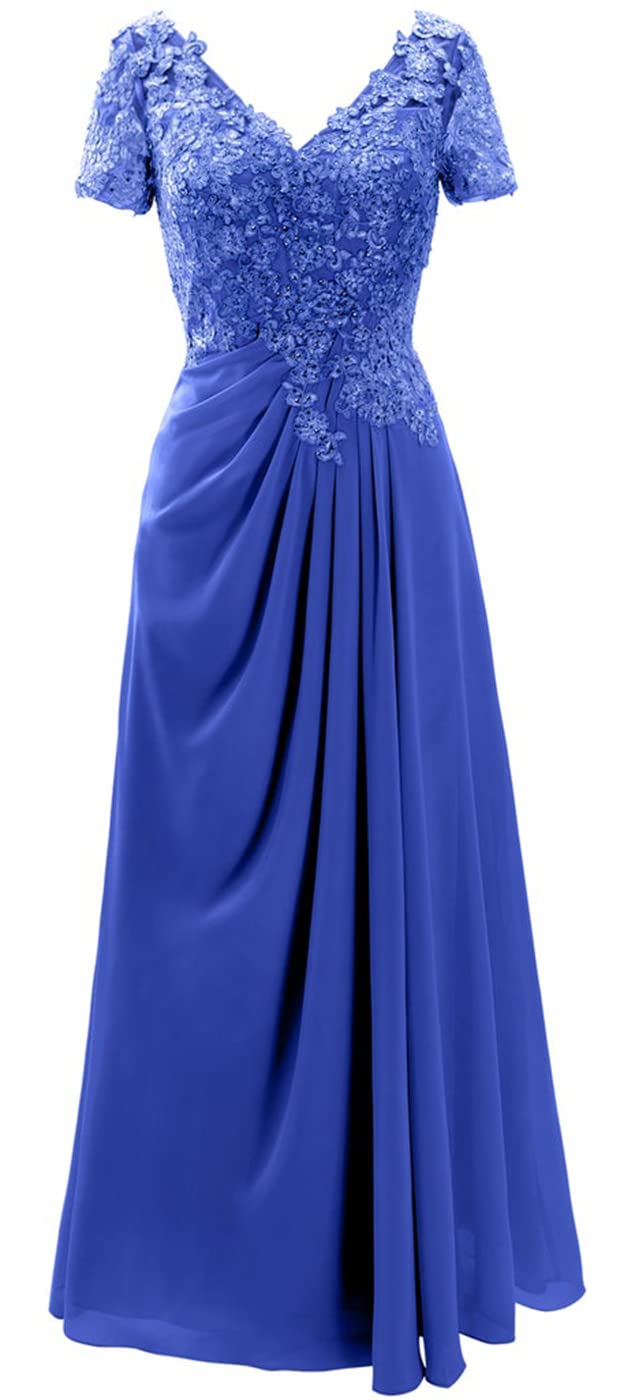 Elegant Lace V-Neck Long Evening Dress for Mother of the Bride - Chiffon Wedding Guest Gown with Short Sleeves | Perfect for Formal Events, Weddings & Special Occasions