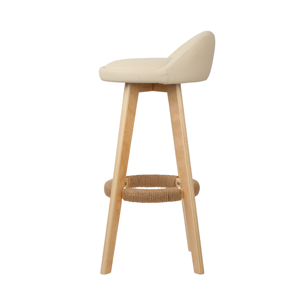 2 Padded Leather Bar Stools with Wooden Frame in Beige - Perfect for Kitchen Islands, Breakfast Bars & Home Decor