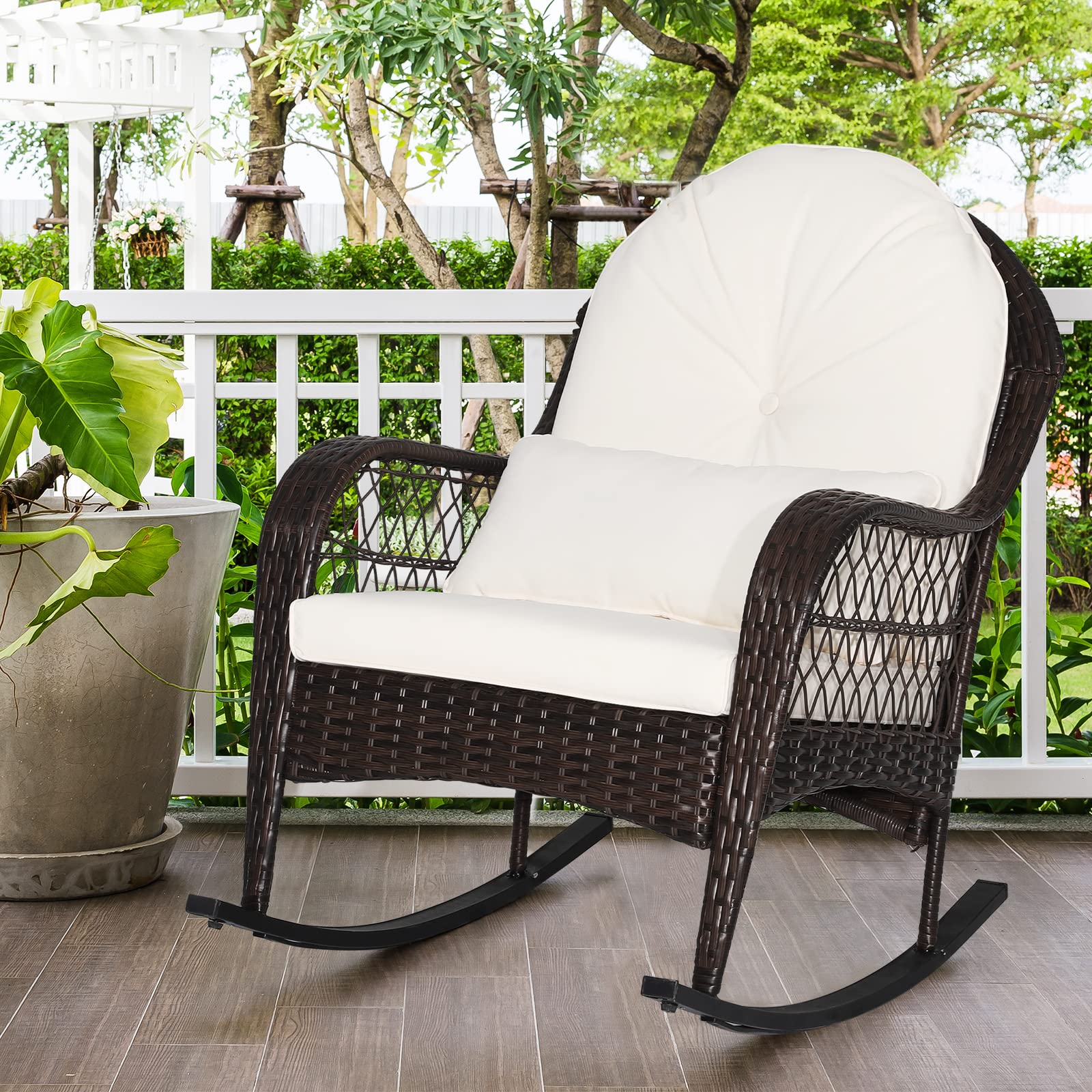 MEDIMALL Outdoor Wicker Rocking Chair with Lumbar Support - Patio Rattan Rocker with Padded Seat & Back Cushions - Durable Metal Frame - Mix Brown Wicker Furniture for Balcony, Porch, Deck, Backyard (Off White) - Perfect for Relaxing, Reading & Enjoying Outdoor Spaces