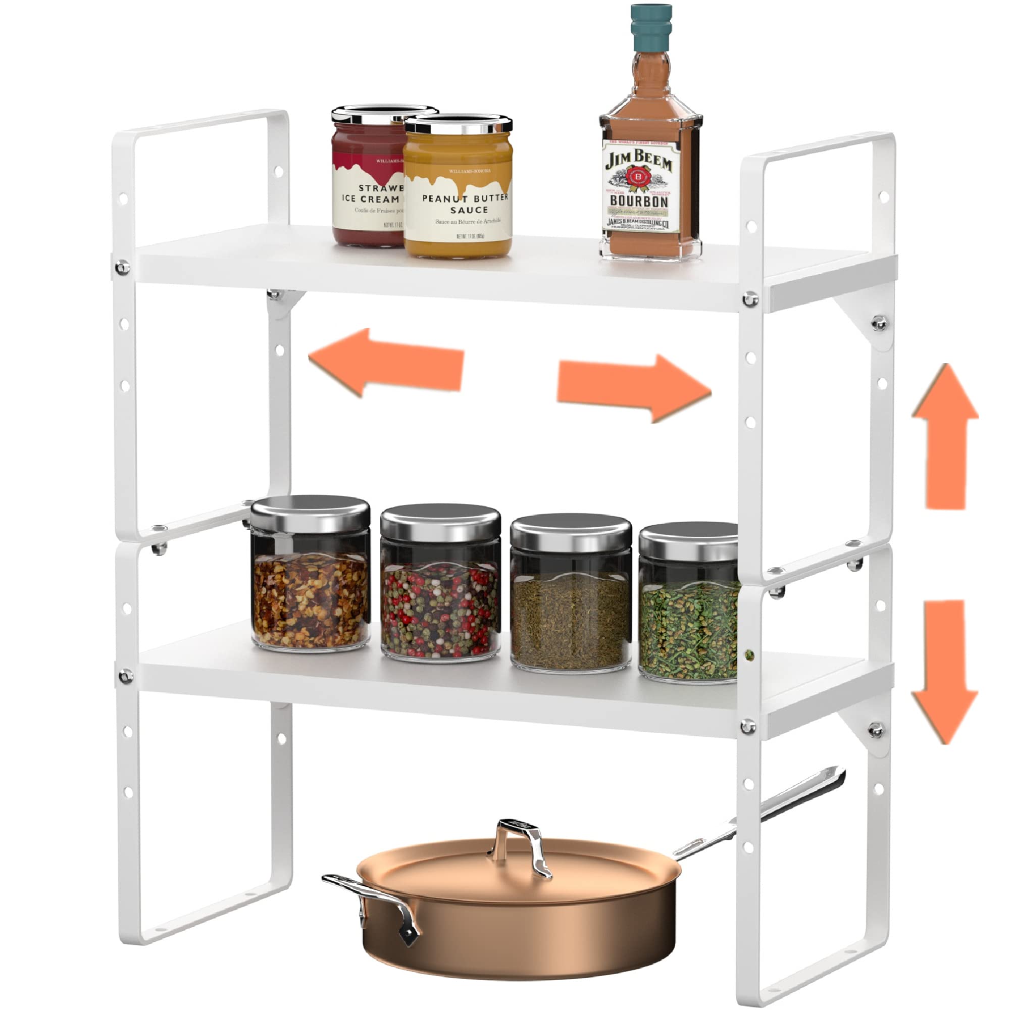 Slideep Stackable Cabinet Shelf Organizers - Expandable Countertop Storage Shelves for Kitchen, Pantry, Bathroom & Office - 2 Pack White Metal Plate Spice Rack & Cupboard Stand - Perfect for Organizing Spices, Cosmetics, Books & Small Items