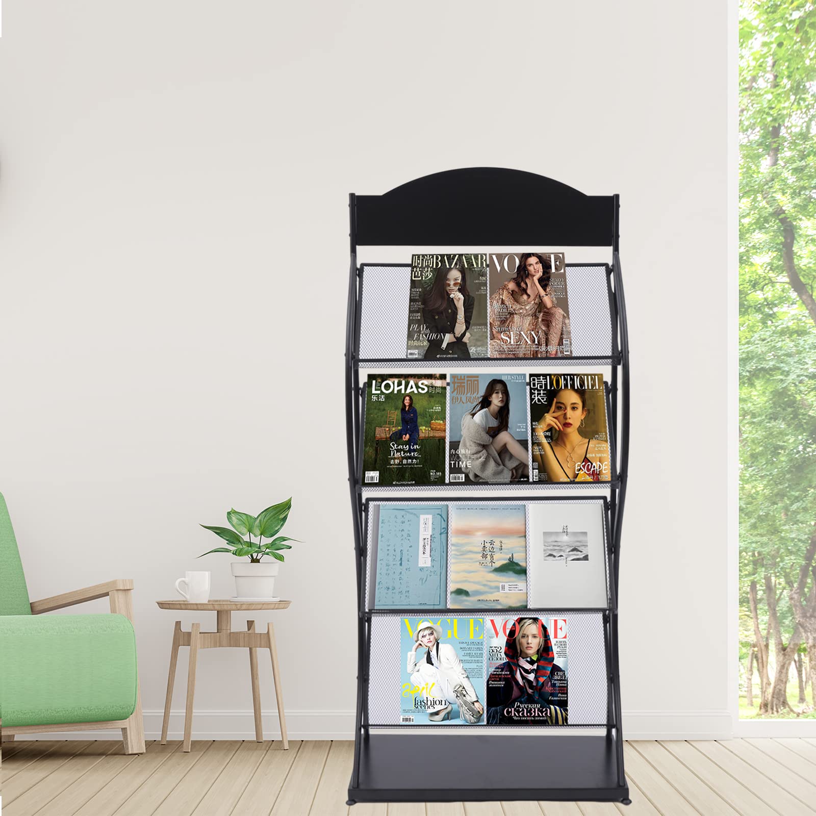4-Tier Floor Standing Magazine Rack - Large Capacity Newspaper & Book Organizer for Magazines, Periodicals, Newspapers - Perfect for Living Room, Office, Library & Waiting Areas (Black)