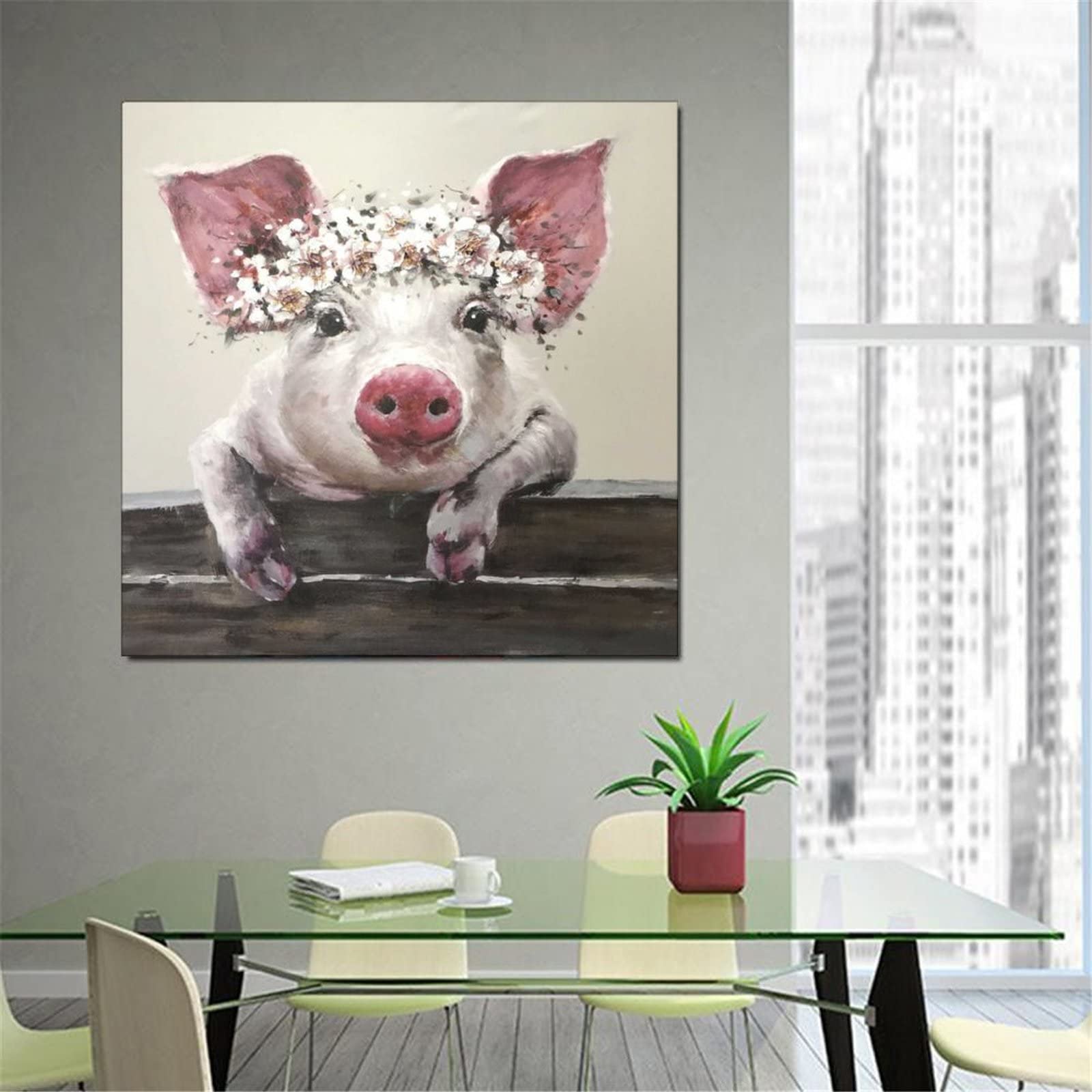 LIIJPGG Floral Crown Pig Canvas Wall Art - 12x12 Inch (30x30cm) Modern Home Decor Painting for Living Room, Bedroom & Nursery - Perfect for Farmhouse, Bohemian & Kids Room Decor