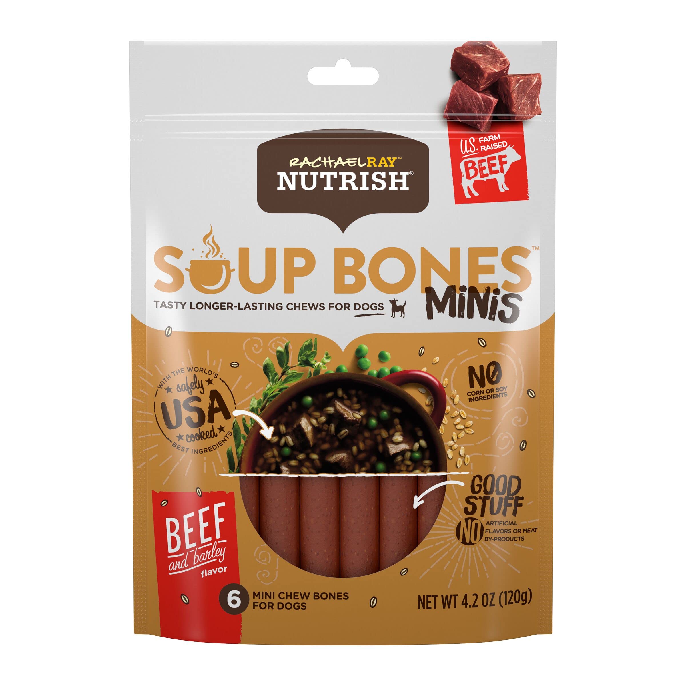 Rachael Ray Nutrish Soup Bones Minis Dog Treats - Beef & Barley Flavor, 6 Mini Bones (Pack of 8) | Healthy Natural Dog Snacks for Training & Rewards | Perfect for Small to Medium Dogs