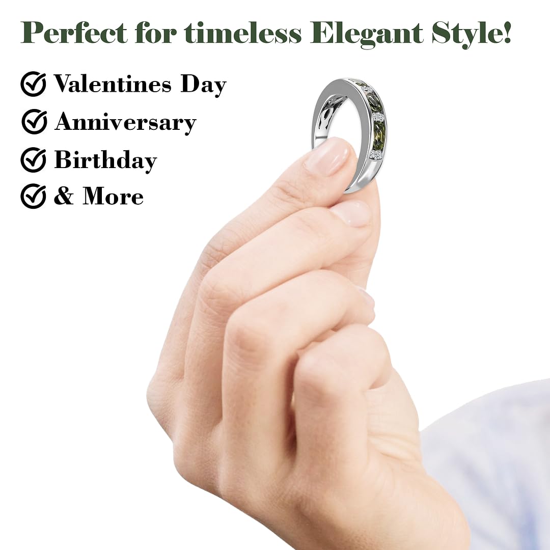 925 Sterling Silver Moldavite & White Zircon Half Eternity Ring for Women - Platinum Plated Wedding Band, Promise Jewelry & Birthday Gift - Perfect for Engagements, Anniversaries and Special Occasions