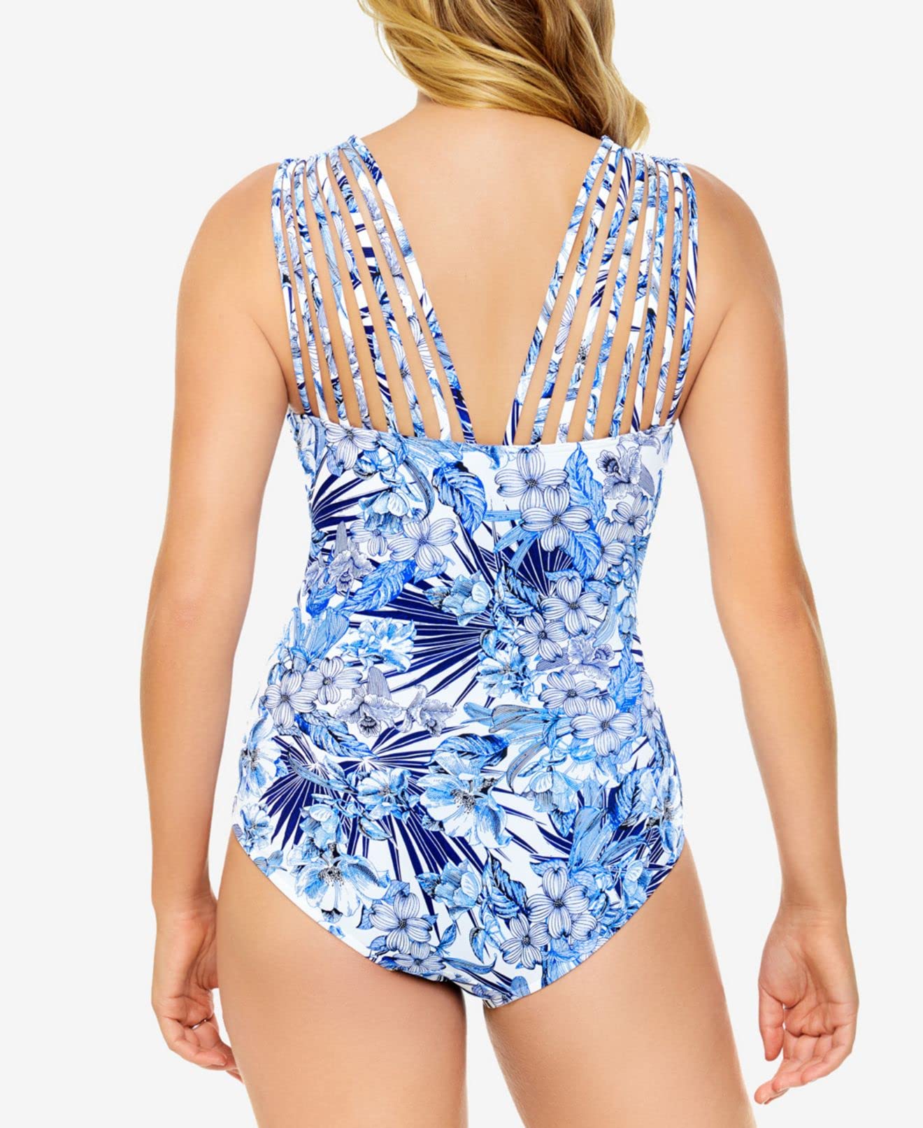 Women's Blue Floral One Piece Swimsuit with Tummy Control & Bust Support - Strappy High Neck Swimwear with Fixed Cups - Size 14 - Perfect for Beach Vacations, Pool Parties & Summer Water Activities