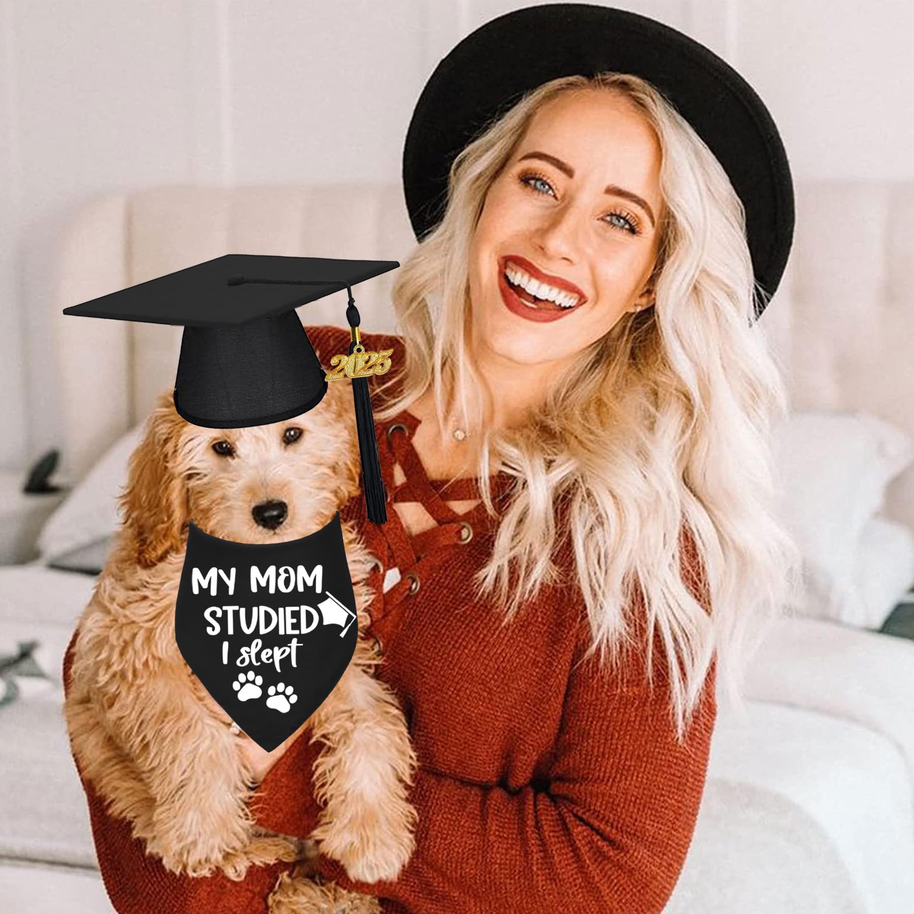 2025 Dog Graduation Cap & Bandana Set - Adjustable Pet Graduation Outfit with Tassel for Small, Medium & Large Dogs - Perfect Gift for Dog Graduation Ceremonies (Black, Cap & 'My Mom Studied I Slept' Bandana) - Great for Graduation Photos, Pawty Celebrations & Social Media Posts