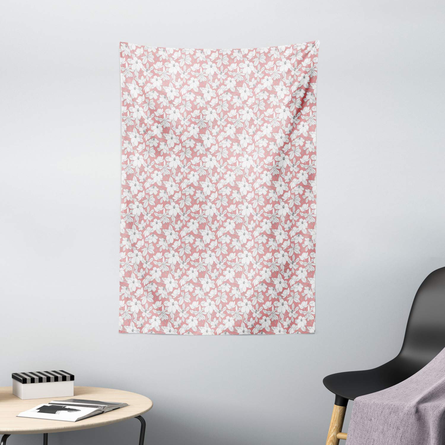 Ambesonne Pink Floral Tapestry Wall Hanging - Spring Magnolia Flowers & Leaves Design - 40x60 Inch Bohemian Decor for Bedroom, Living Room, Dorm - Soft Pink & Grey Aesthetic - Perfect for Home Decor, Wedding Backdrops & Photo Shoot Backgrounds
