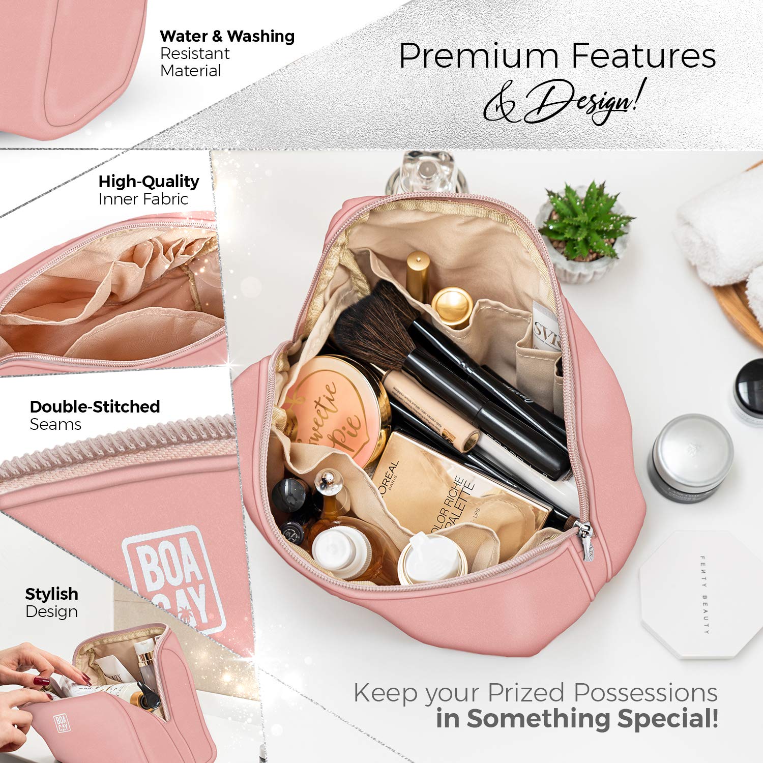 BOACAY Large Makeup Bag for Women - Waterproof Travel Cosmetic Organizer with Zipper, Perfect for Toiletries, Brushes & Accessories | Ideal for Travel, Gym & Daily Purse Organization