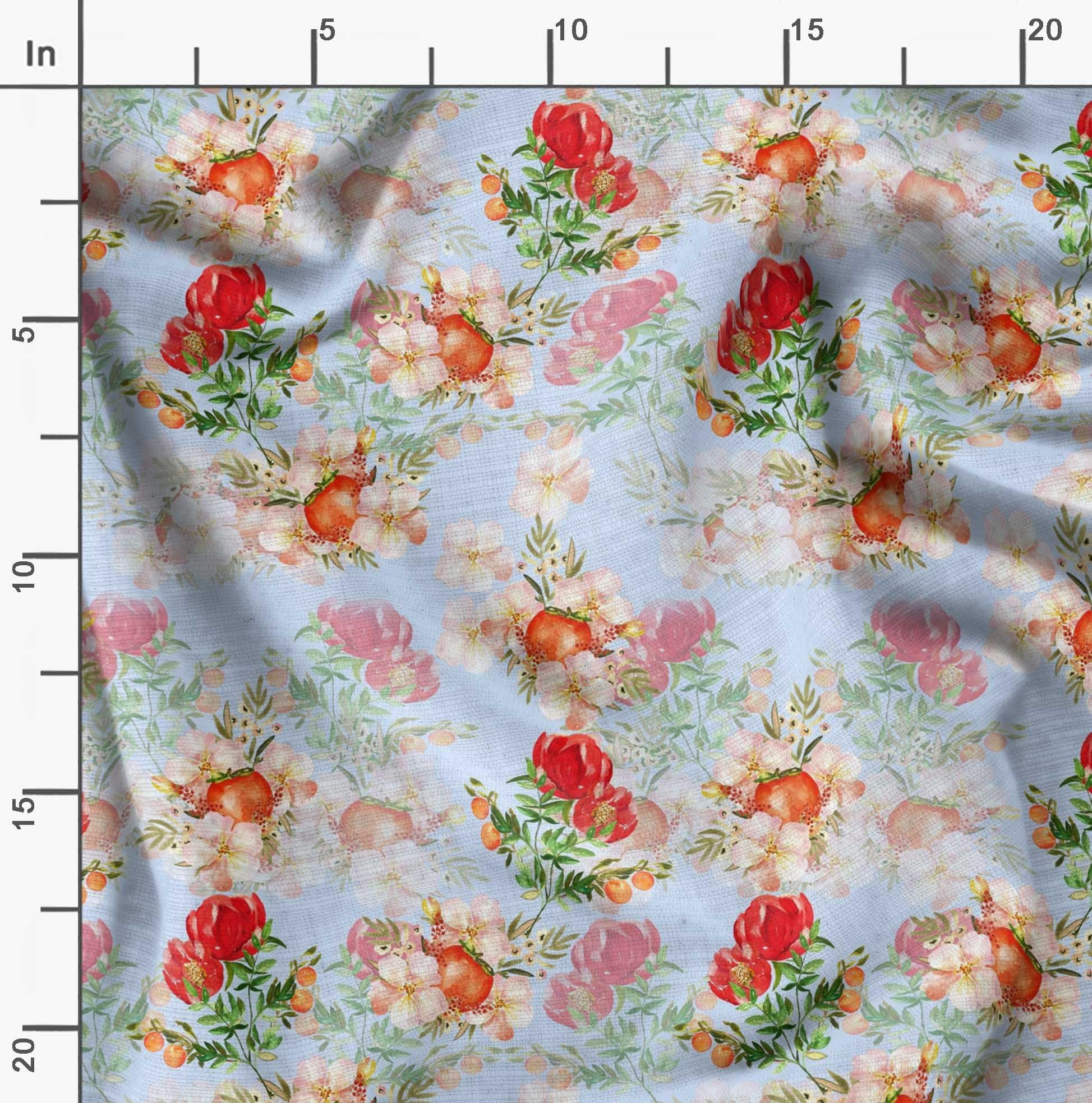 Soimoi Moss Georgette Blue Floral Fabric by The Yard - 42 Inch Wide Printed Fabric for Dresses, Scarves & DIY Crafts - Vibrant Tomato & Flower Design Fashion Material