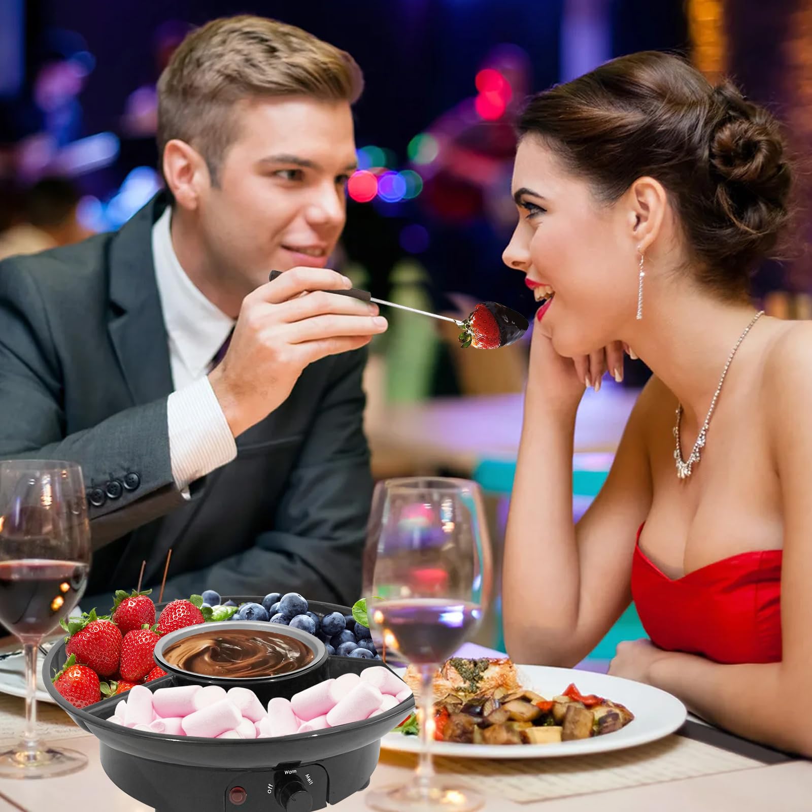 Electric Fondue Pot Set for Chocolate & Cheese - 9oz Detachable Bowl with Temperature Control & 6 Dipping Forks - Perfect for Romantic Date Nights, Movie Nights & Game Nights - Ideal Gift for Couples & Families (Black)