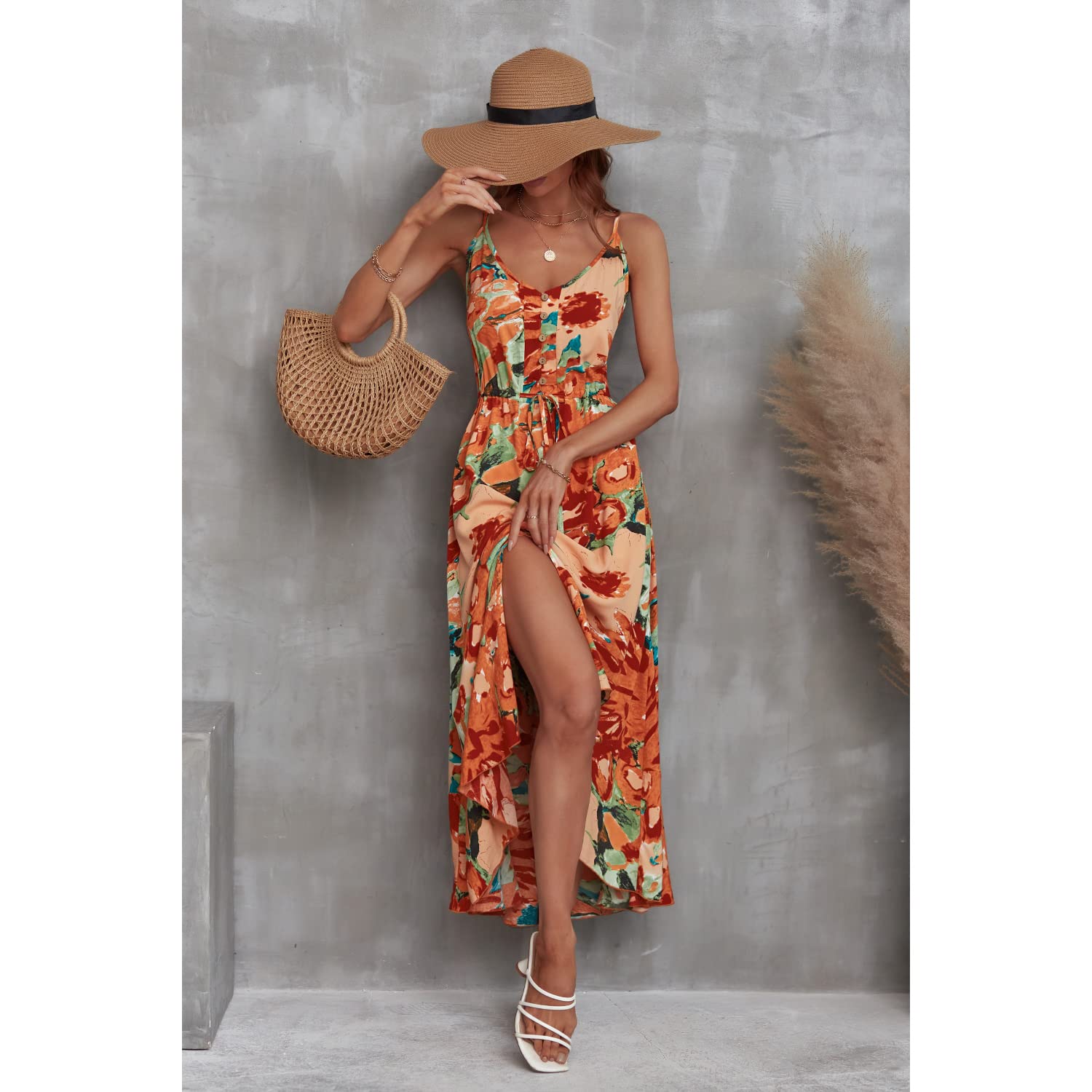 BROVAVE Women's 2025 Summer Boho Flowy Midi Dress - Polka Dot Print, Spaghetti Straps, V-Neck - Casual Beach Sundress for Vacation, Party & Outdoor Date