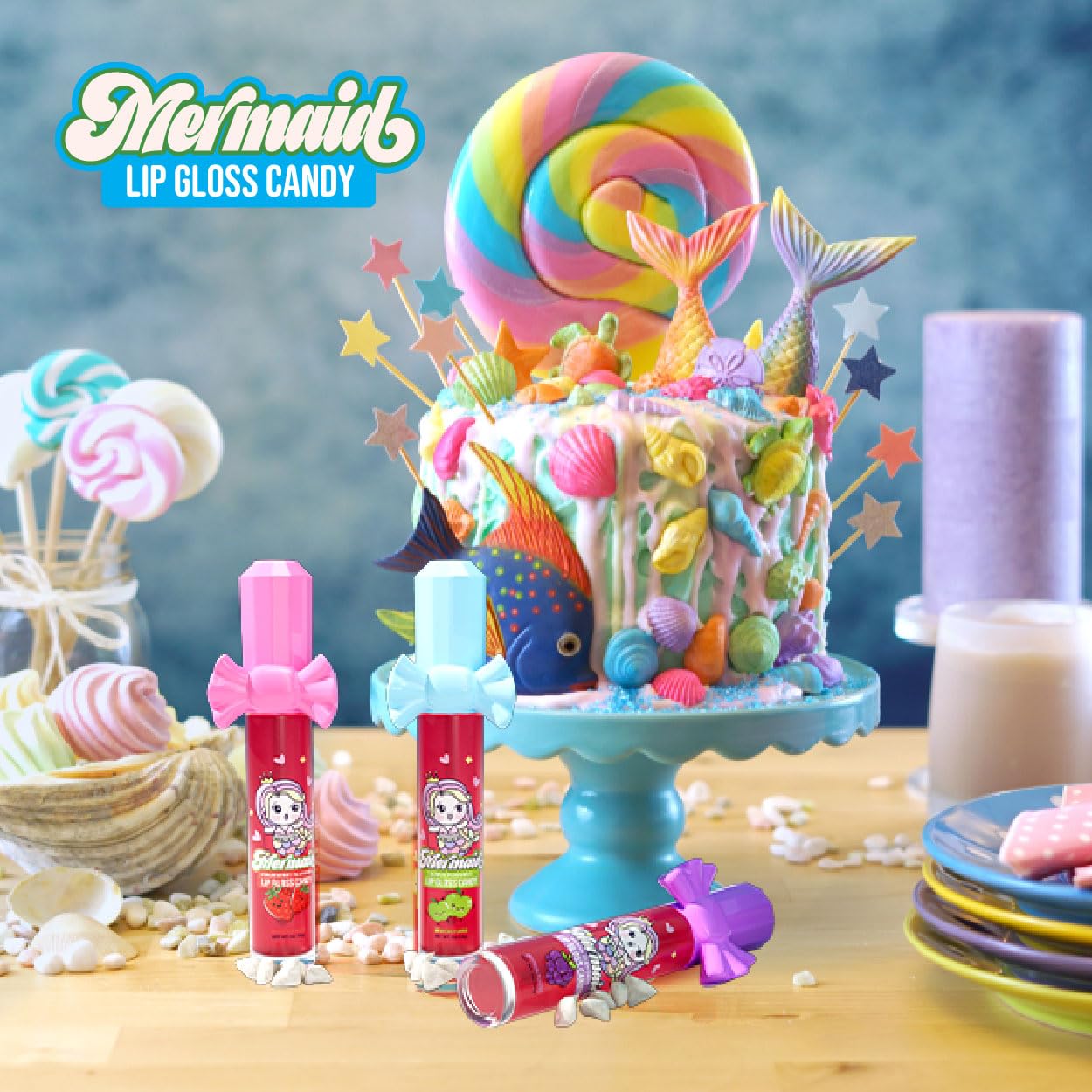 Mermaid Lip Gloss 4-Pack - Strawberry, Grape & Apple Flavors for Beach Party Favors