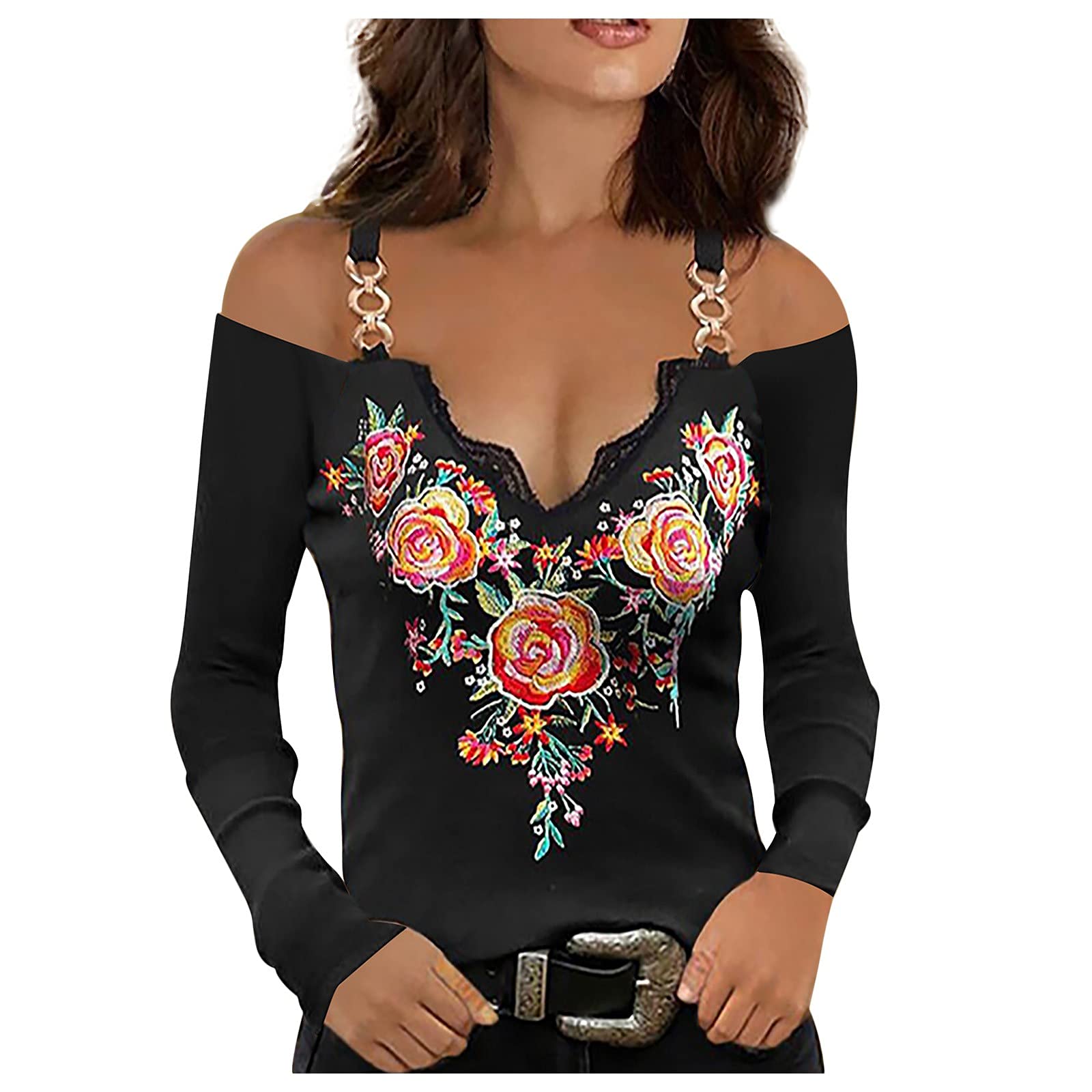 Sexy Off Shoulder V Neck Long Sleeve T-Shirt for Women - Trendy Zipper Detail Strapless Blouse, Loose Fit Casual Top for Party, Date Night & Everyday Wear