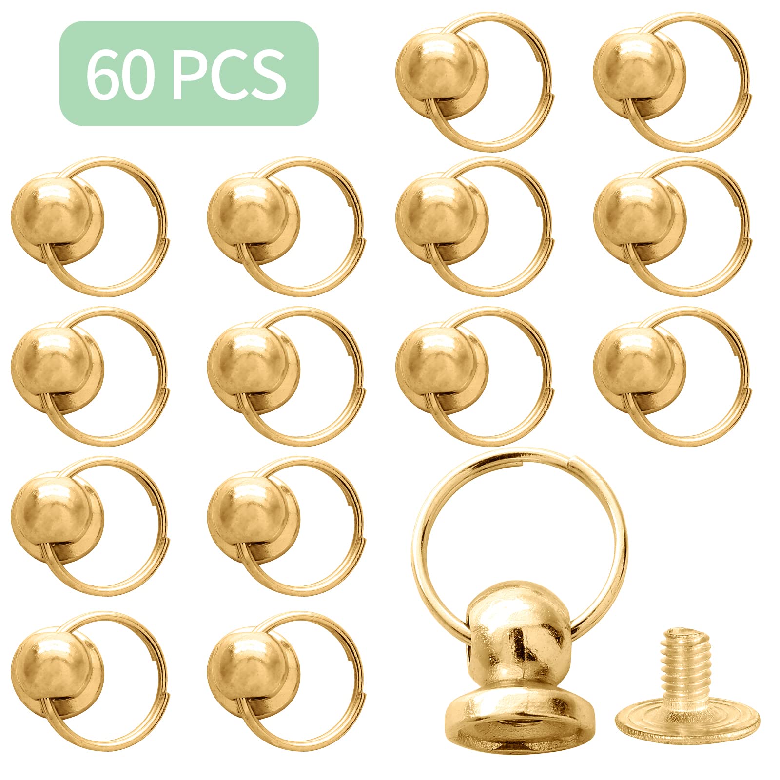 60Pcs Gold Screwback Round Head Rivet 8mm with Pull Ring - DIY Leather Craft Accessories for Purse, Handbag, Phone Case & Clothing | Perfect for Leatherworking, Fashion Design and DIY Projects