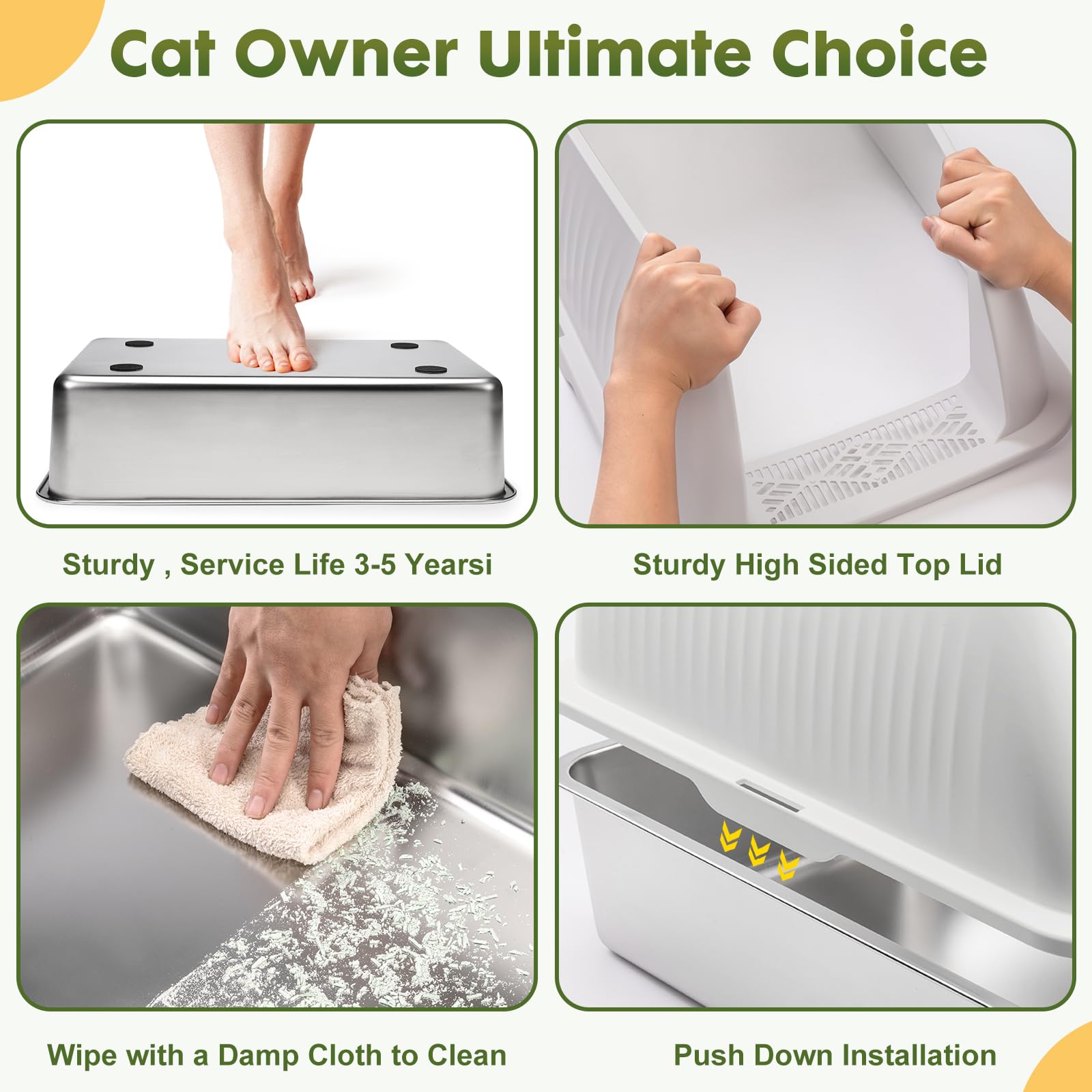 XXL Enclosed Stainless Steel Cat Litter Box for Large Cats - High Sides, Easy Clean, Non-Stick & Leak Proof Design with Odor Control - Includes Litter Scoop & Mat (Light Grey) - Perfect for Homes with Multiple Cats or Small Spaces