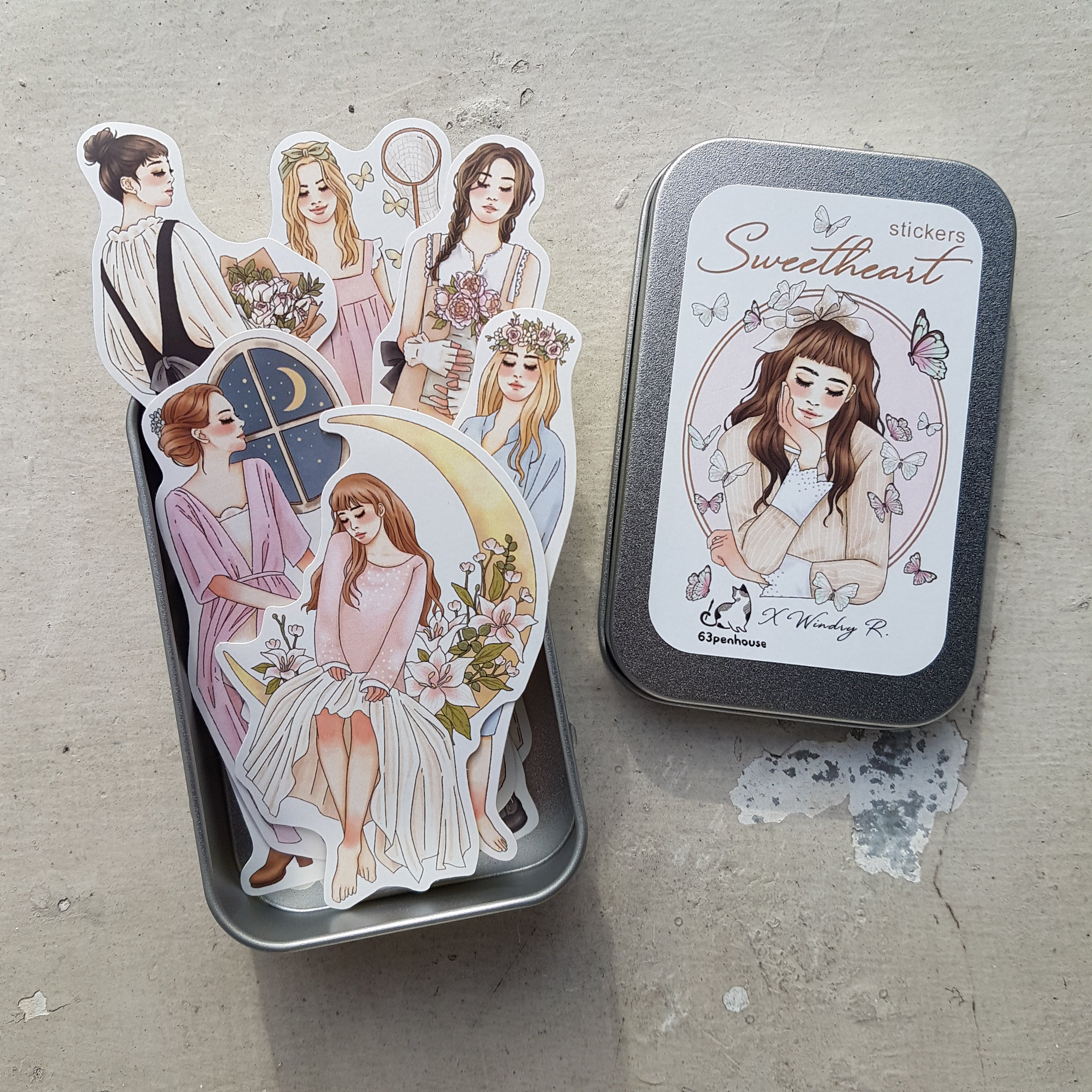 Sweetheart Girls Stickers in Tin - 63Penhouse X Windry R - Cute Decorative Stickers for Scrapbooking, Journals, Laptops & DIY Crafts