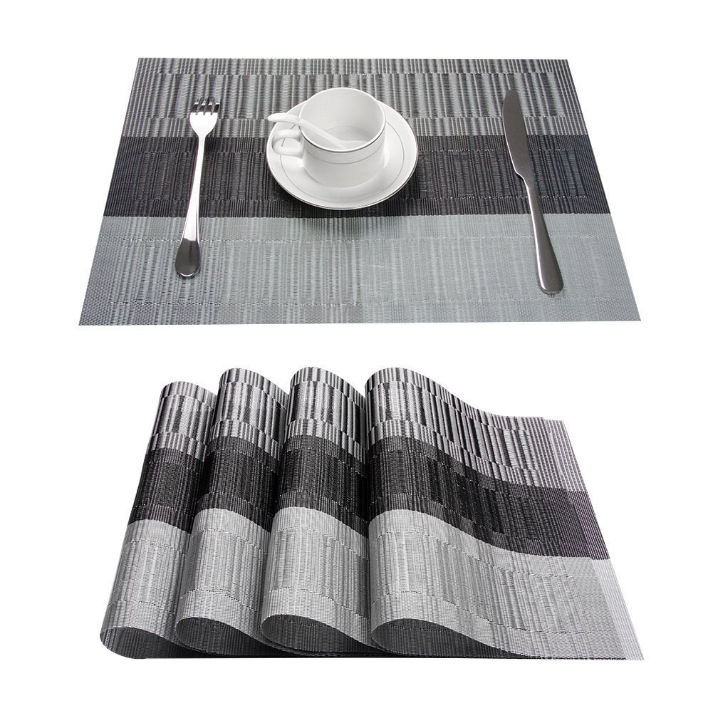 Premium PVC Placemats Set of 6 - Heat-Resistant Woven Vinyl Table Mats for Dining, Kitchen & Office - Stylish Grey & Black Home Decor Accessories - Perfect for Everyday Meals, Dinner Parties & Holiday Gatherings