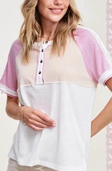 Lavender Mist Color Block Short Sleeve T-Shirt - Women's Casual Summer Top for Beach, Travel & Everyday Wear