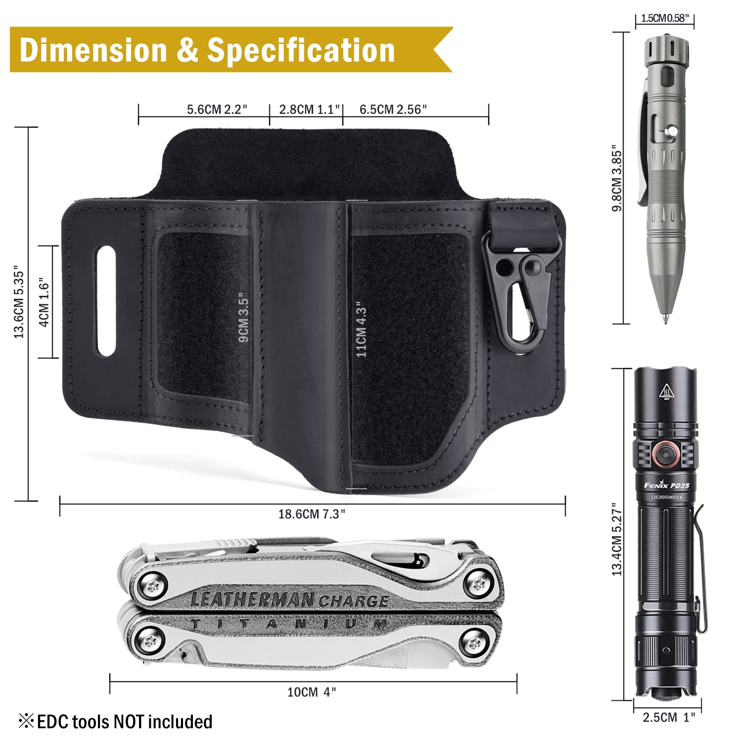 VIPERADE PL3 Leather Multitool Sheath with DIY Patch Area - EDC Pocket Organizer for Men, Belt Organizer with Flashlight & Pen Holder - Perfect for Camping, Hiking & Everyday Carry (Black)