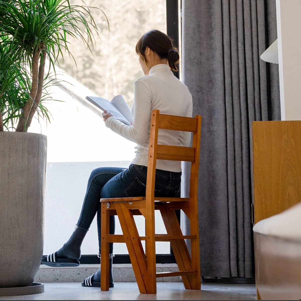 4 Tier Folding Step Ladder - 3-in-1 Wooden Folding Ladder Chair with 265 lbs Capacity - Portable Multi-Function Step Stool for Indoor & Outdoor Use - Perfect as Display Rack, Flower Stand, Kitchen Helper, Library Stool & Home Decor (Light Walnut)