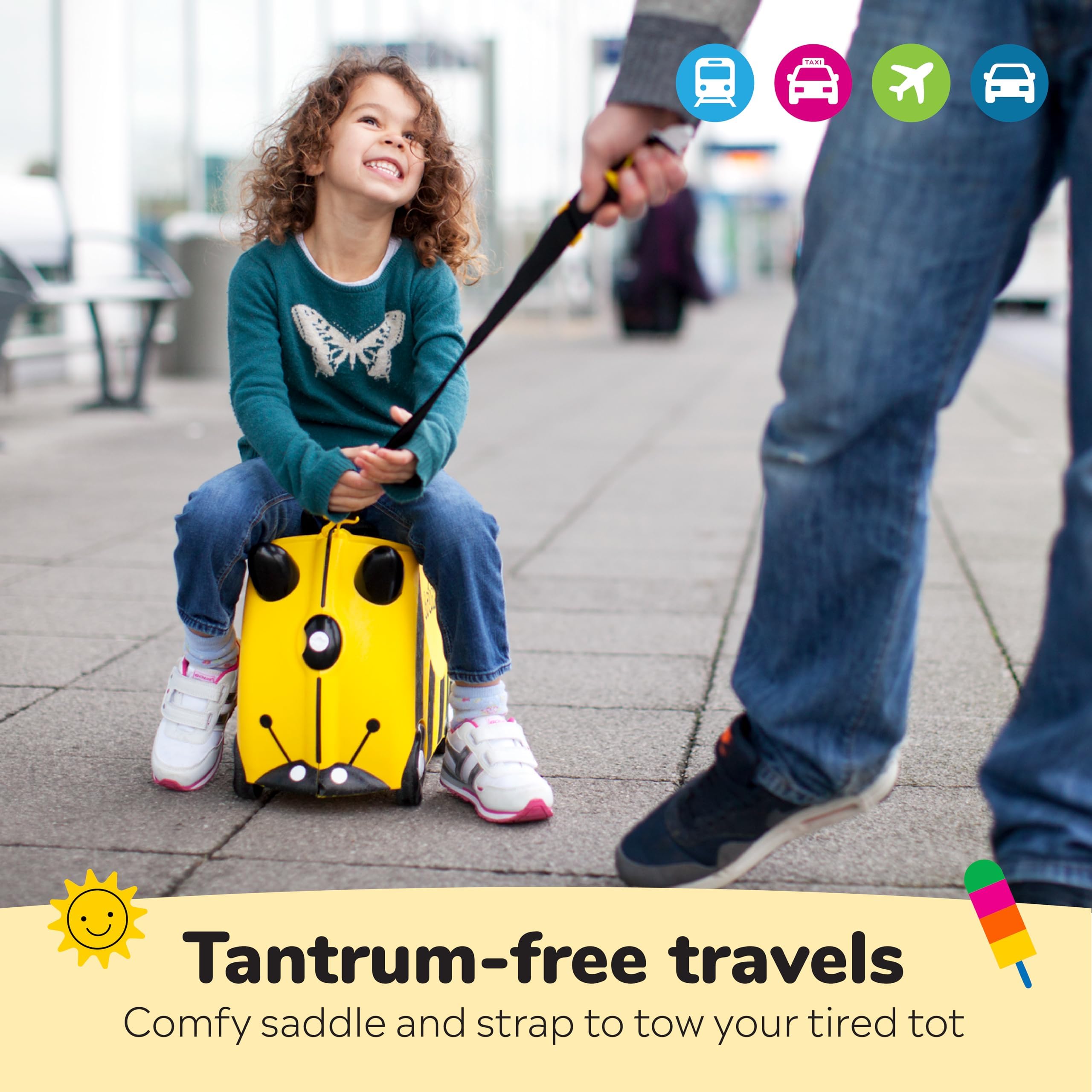 Trunki Ride-On Kids Suitcase - Tow-Along Toddler Luggage with Wheels | Airplane Travel Essentials for Boys & Girls | Bernard Bee Yellow | Perfect for Family Trips, Airport Adventures & Playtime