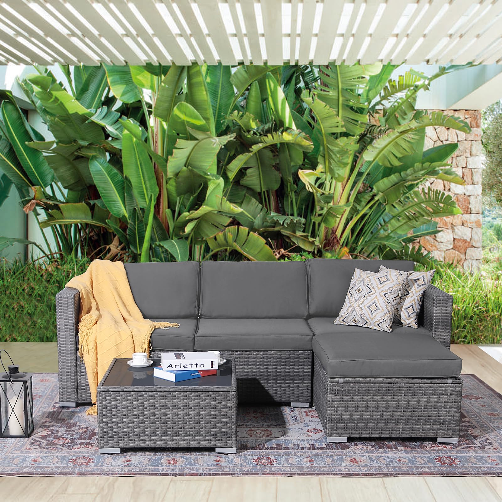 Patiorama 5-Piece Outdoor Patio Furniture Set - All-Weather Grey PE Wicker Sectional with Dark Grey Cushions - Perfect for Backyard, Porch, Garden, Poolside & Balcony - Durable Outdoor Conversation Set for Relaxing & Entertaining