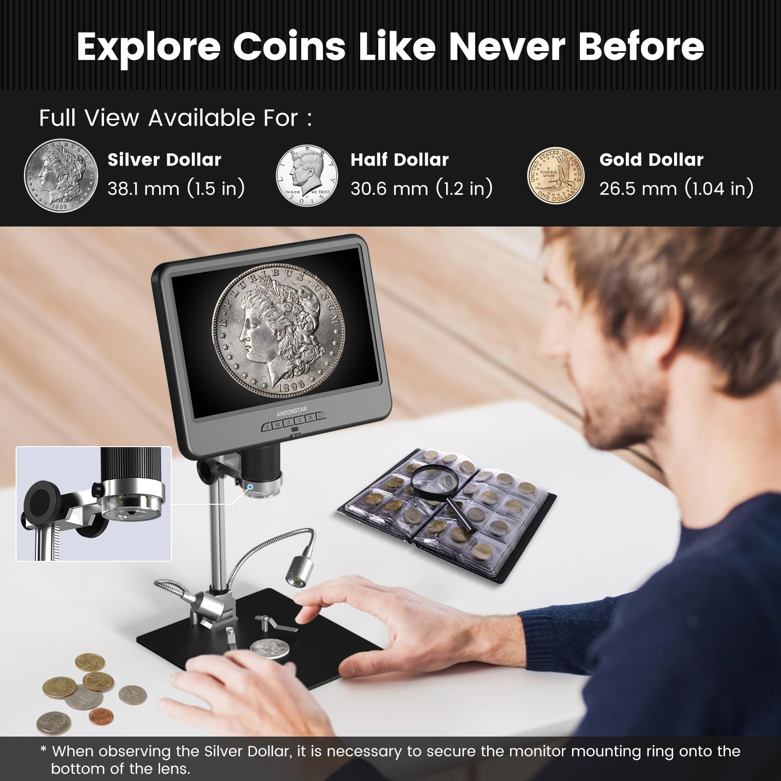 Andonstar AD210 10.1 Inch LCD Digital Microscope for Adults - High Magnification Soldering Microscope for Electronics Repair, Coin Collecting & Error Coin Inspection with LED Light - Includes Biological Slides Kit & 32GB SD Card - Perfect for Hobbyists, Jewelers & STEM Education