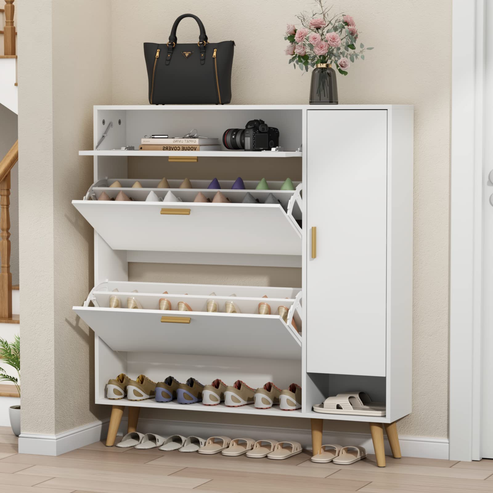 Shoe Rack Cabinet with 2 Flip Drawers - Narrow Entryway Storage for Shoes & Organizing