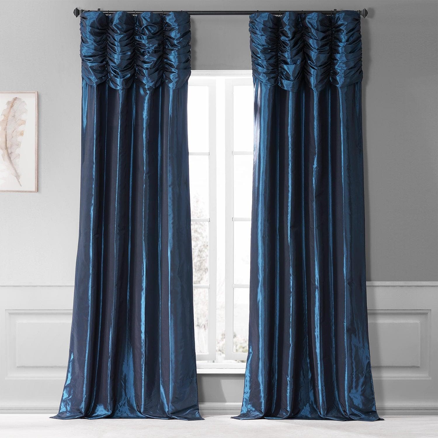 Navy Blue Ruched Faux Silk Taffeta Blackout Curtains for Bedroom - Elegant Room Darkening Window Drapes for Living Room & Nursery