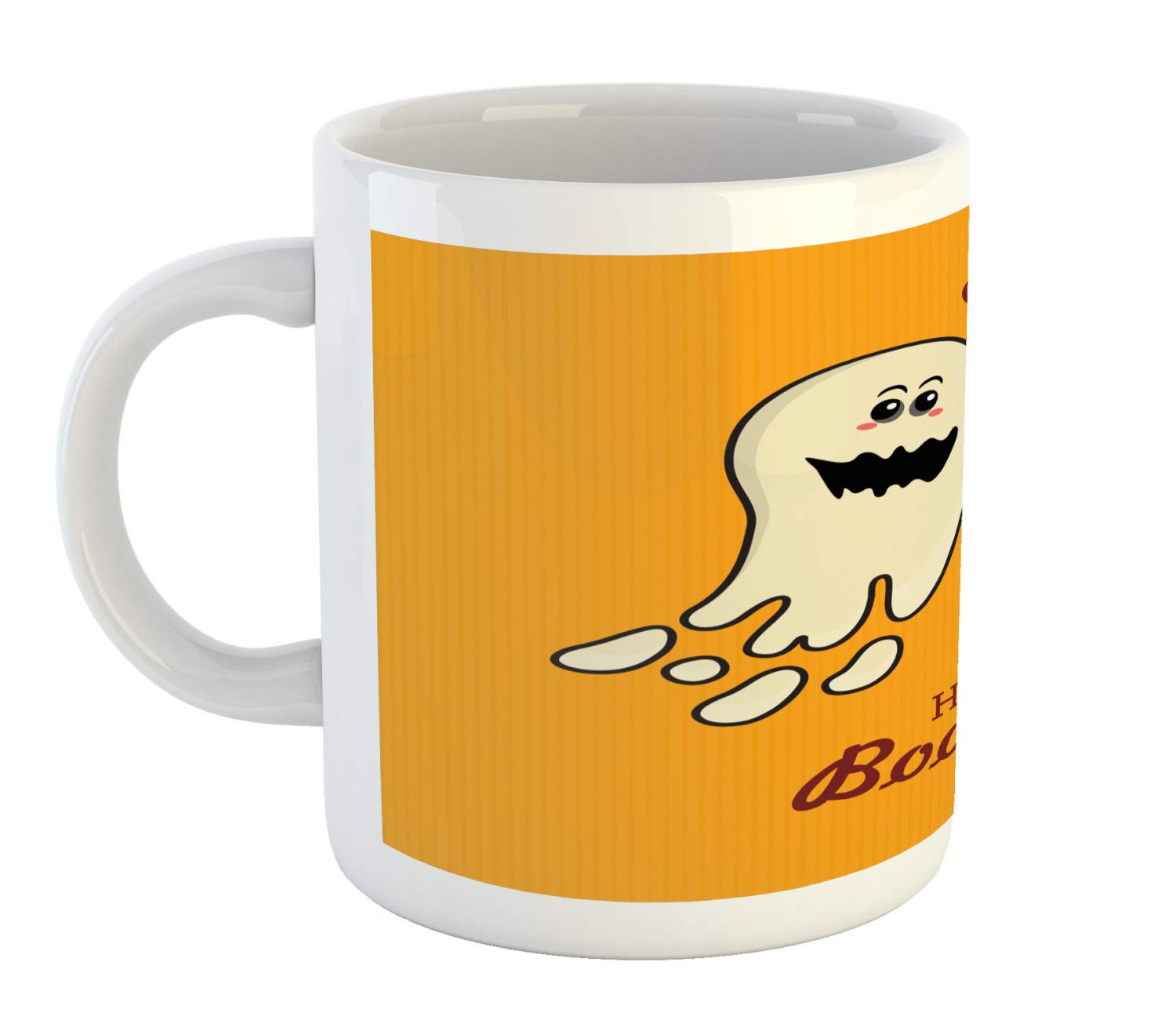 Ambesonne Halloween Coffee Mug - 11 oz Ceramic Cup with 'Hey Boo-tiful' Text & Cute Ghost Couple Design for Tea, Coffee, Hot Chocolate - Perfect Gift for Halloween Lovers & Couples (Orange Eggshell Maroon)