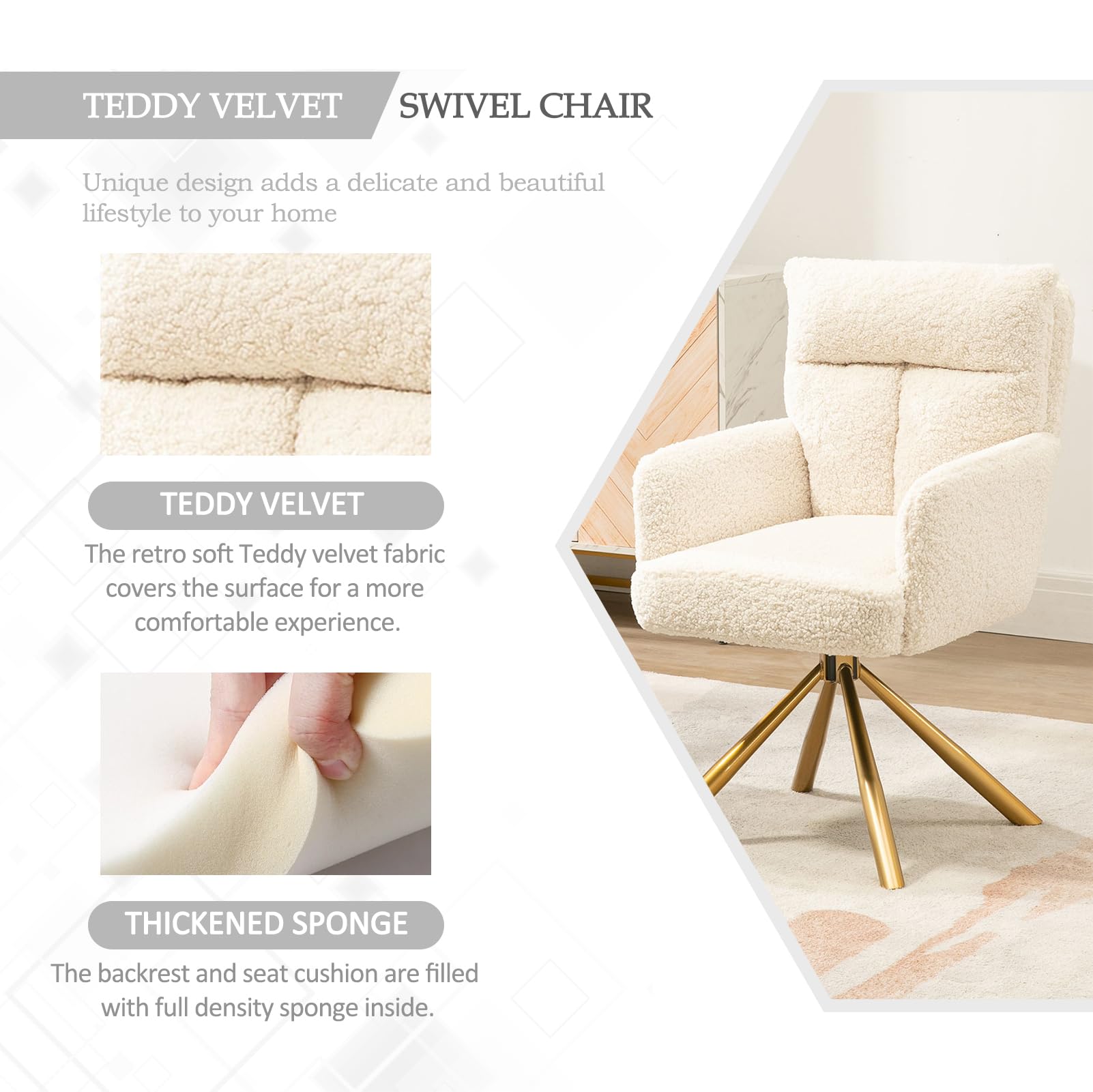 Ergonomic Swivel Vanity Chair with Gold Legs - 180° Rotation, No Wheels, Criss-Cross Design for Bedroom, Living Room & Home Office - Perfect for Makeup, Reading & Working - Beige
