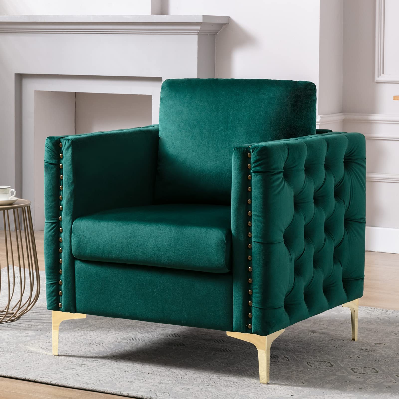 Velvet Accent Armchair - Mid-Century Modern Lounge Chair with Tufted Button Design, Nailhead Trim & Steel Legs | Green Velvet Sofa Chair for Living Room, Bedroom, Reading Nook & Home Office Decor