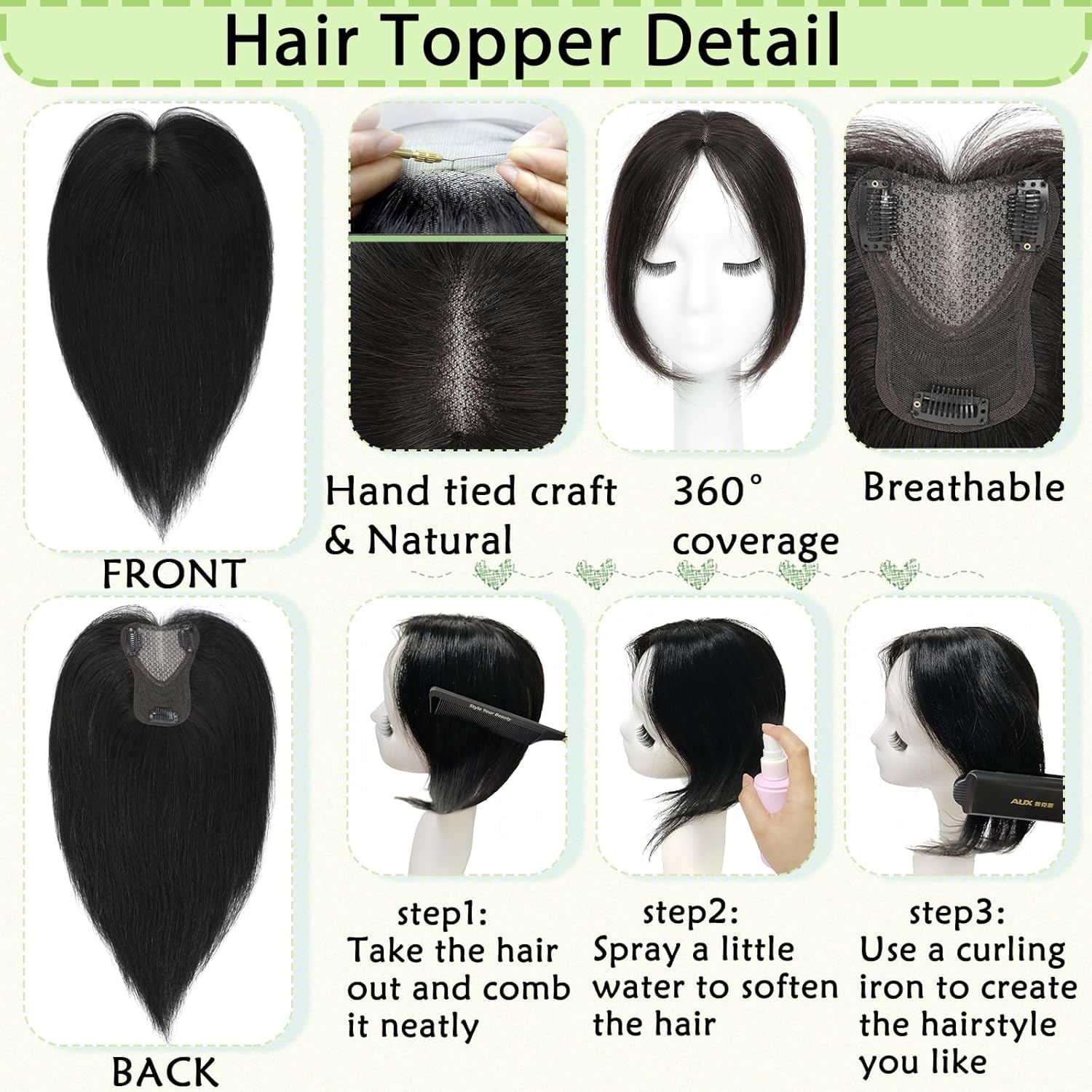 360° Human Hair Topper for Women - 12 Inch No Bangs Lace Base Hairpiece, Real Remy Human Hair (Black) - Perfect for Thinning Hair, Hair Loss & Everyday Styling