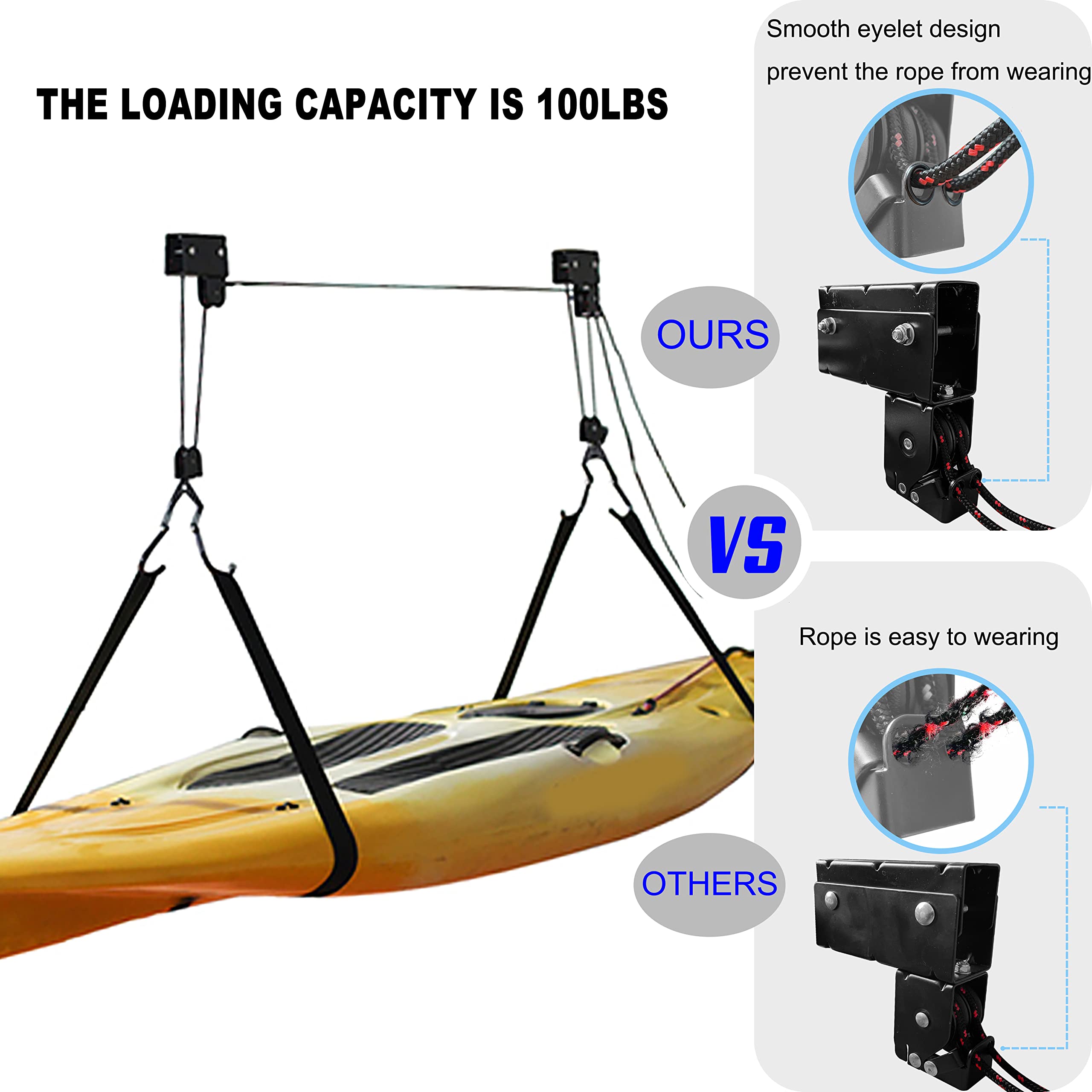 Onefeng Heavy Duty 100 lb Capacity Kayak Lift Hoist - Overhead Garage Storage System for Canoes, Bikes & Ladders | Space-Saving Solution for Kayak Storage, Bike Organization & Ladder Hanging