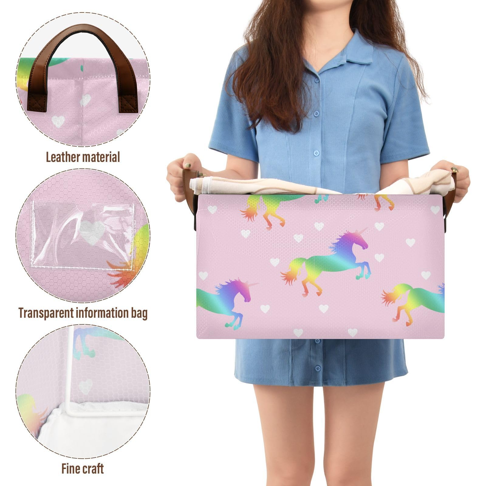 Emelivor Hearts Rainbow Unicorns Storage Bins - Foldable Organizer Baskets with Handles for Shelves, Dorm, Office, Nursery & Closet - Perfect for Books, Toys & Home Organization