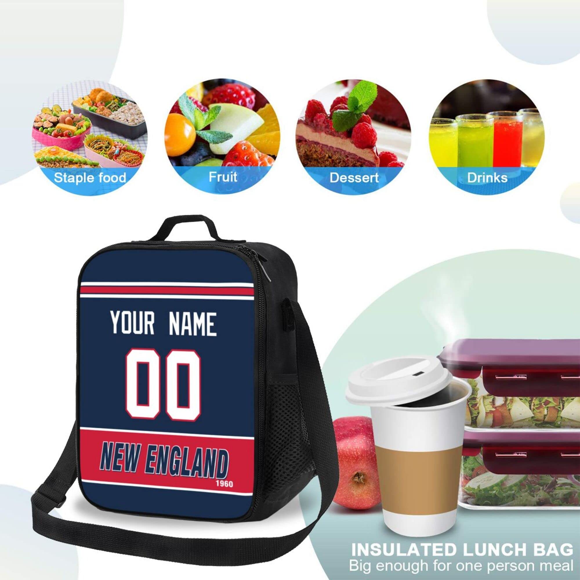 ANTKING Personalized New England Lunch Box & Cooler Bag - Custom Name & Number - Ideal for School, Work, Picnics & Outdoor Activities