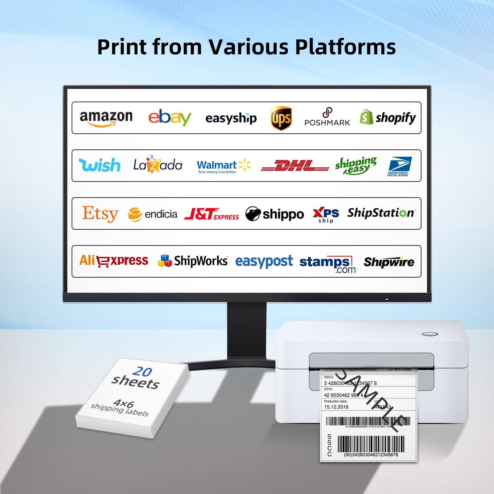 4x6 Thermal Shipping Label Printer - High Speed USB Barcode Printer for Amazon, eBay, USPS, FedEx | Compatible with Windows, Mac, Linux | Perfect for E-commerce, Warehouse & Small Business Shipping (White-Gray)