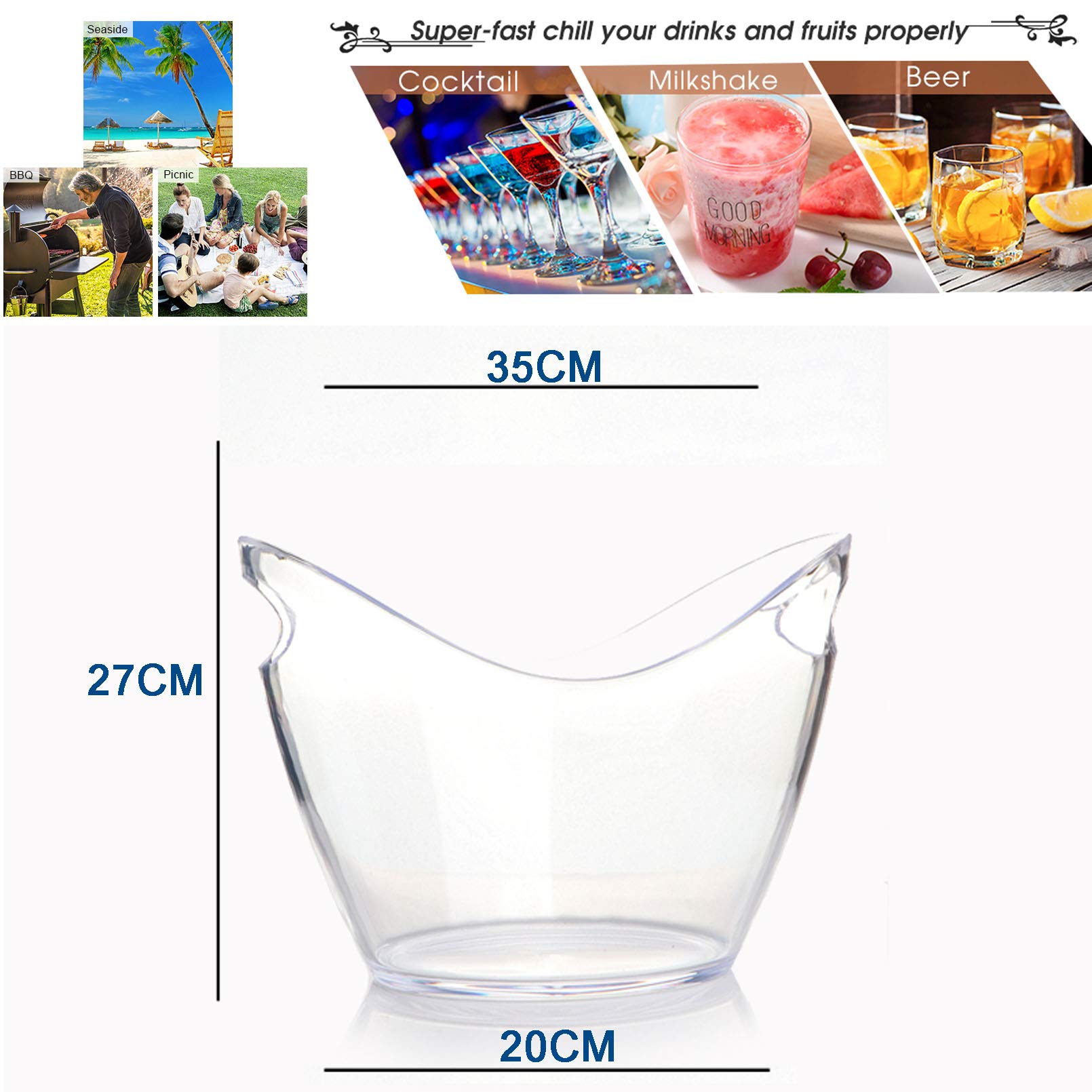 Clear Plastic Ice Bucket 3.5 Liter - Large Capacity Wine & Champagne Cooler - Beer Bottle Chiller for Parties, BBQs, Picnics & Outdoor Events - Durable Storage Tub for Indoor & Outdoor Use