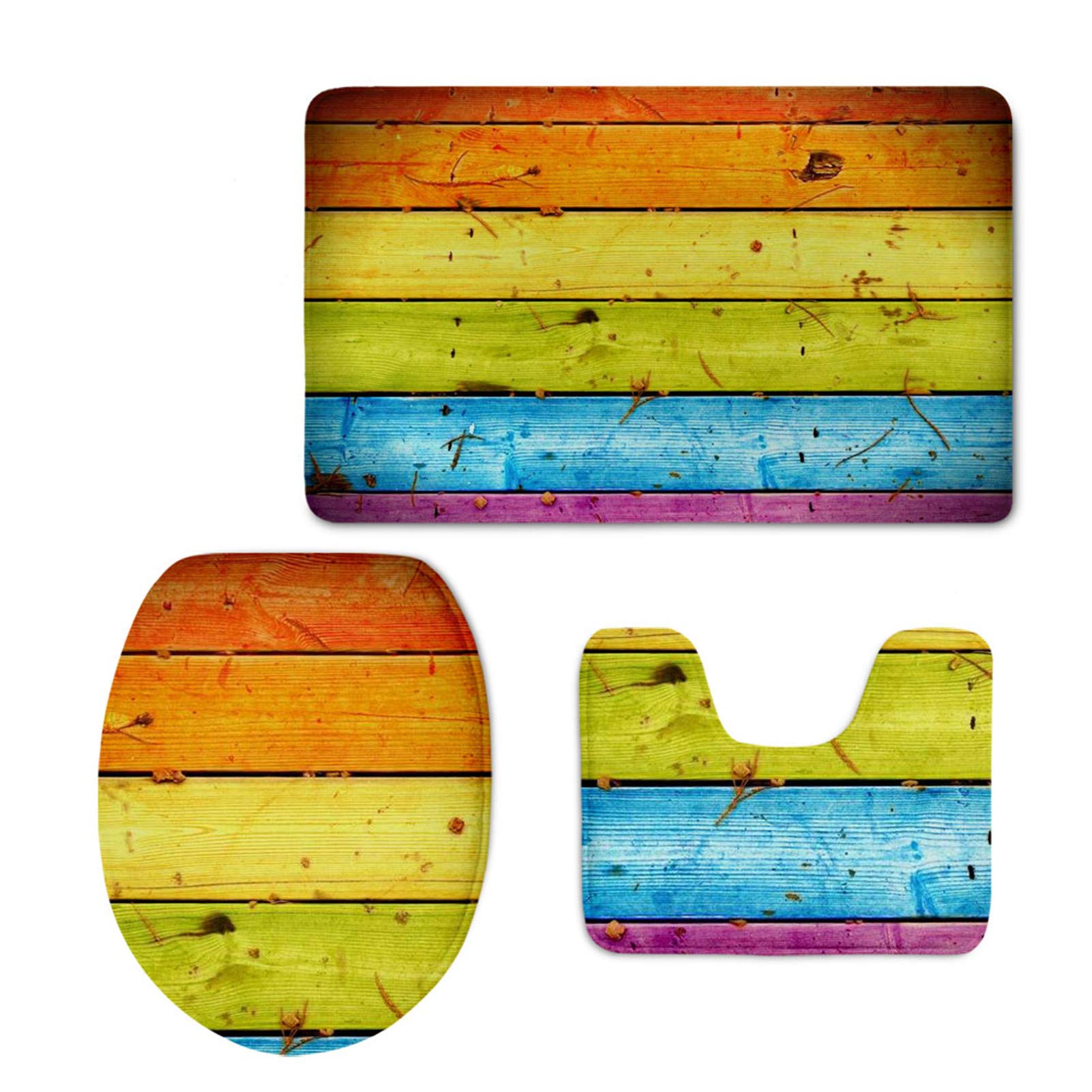 Non-Slip Memory Foam Bathroom Rug Set - Colorful Wooden Printed Toilet Contour Mat & Lid Cover - Soft Absorbent Bath Mat for Bathroom Decor & Safety