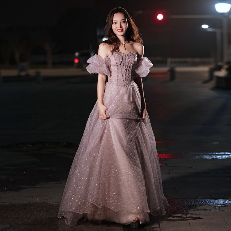 Elegant Off-Shoulder A-Line Prom Gown in Pink & Purple - Formal Evening Dress for Women | Perfect for Homecoming, Prom Night & Special Occasions