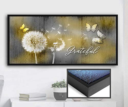 Grateful Dandelions Wall Art with Butterfly Decor - Rustic Bedroom Pictures for Wall in Yellow & Black Floating Frame (42x19) - Perfect for Farmhouse, Boho & Cottage Style Home Decor