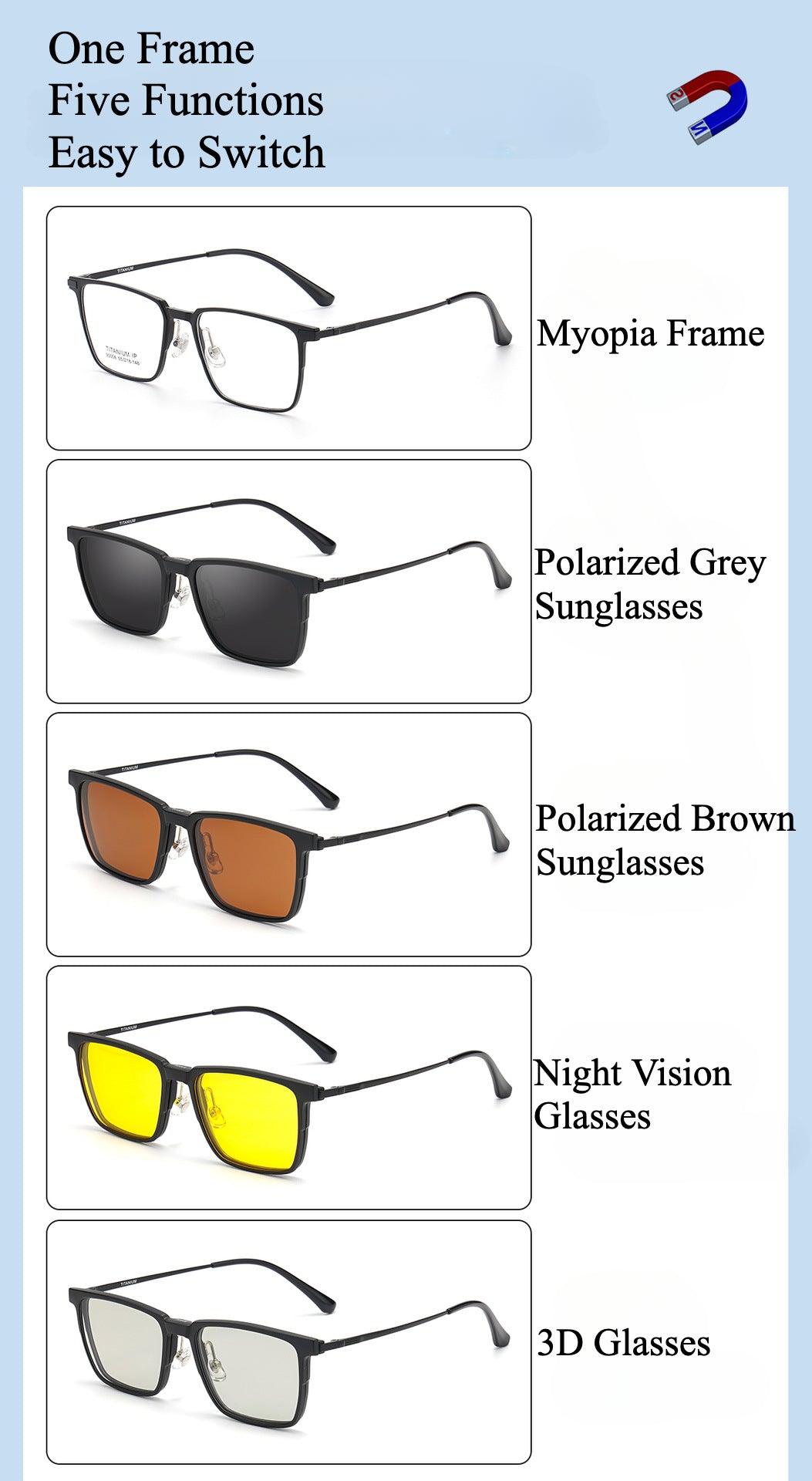 5 in 1 Titanium Eyeglass Frame with Magnetic Sunglass Clips - Lightweight Durable Glasses for Reading, Driving & Outdoor Activities