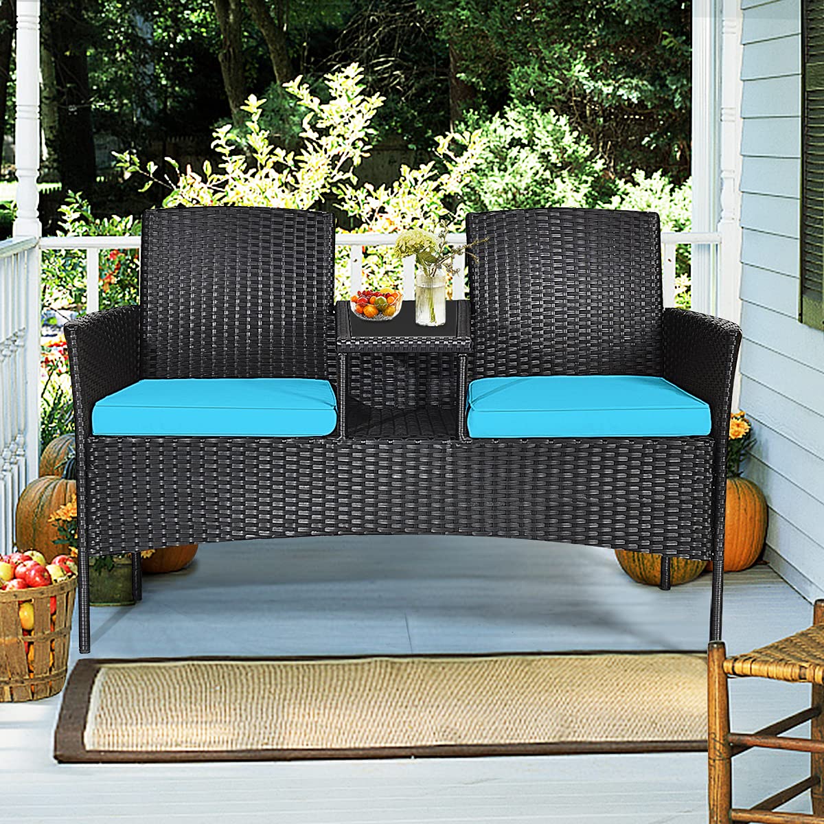 Modern Outdoor Rattan Loveseat Sofa Set with Cushions & Coffee Table - Patio Conversation Furniture with Tempered Glass Top - Perfect for Garden, Lawn, Backyard & Poolside Relaxation (Turquoise)