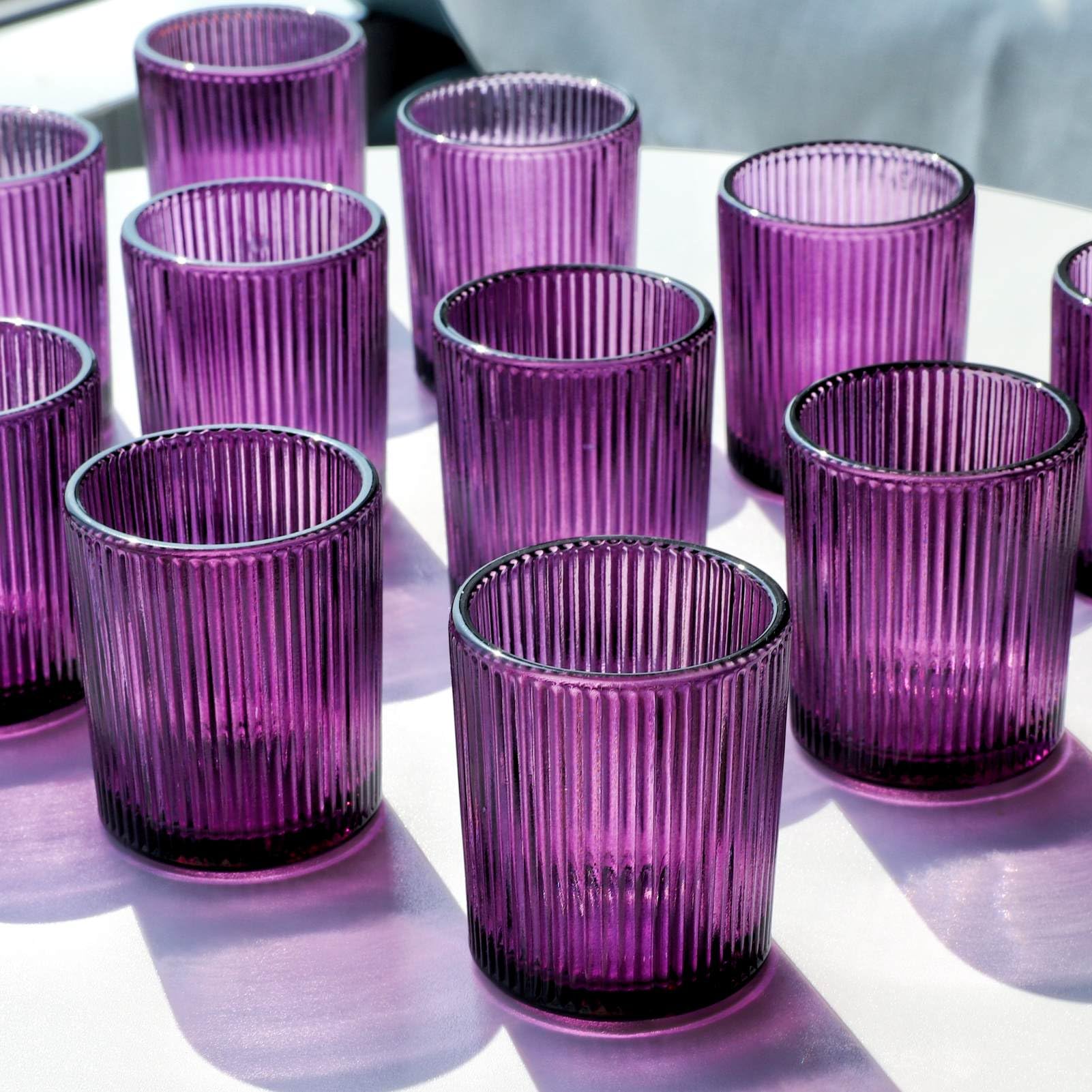 VOHO 12-Piece Purple Glass Votive Candle Holders Set - Vintage Ribbed Tealight Candle Cups for Christmas Decor, Holiday Centerpieces & Birthday Gifts - Perfect for Coffee Table Decor, Wedding Reception, and Romantic Dinner Ambiance