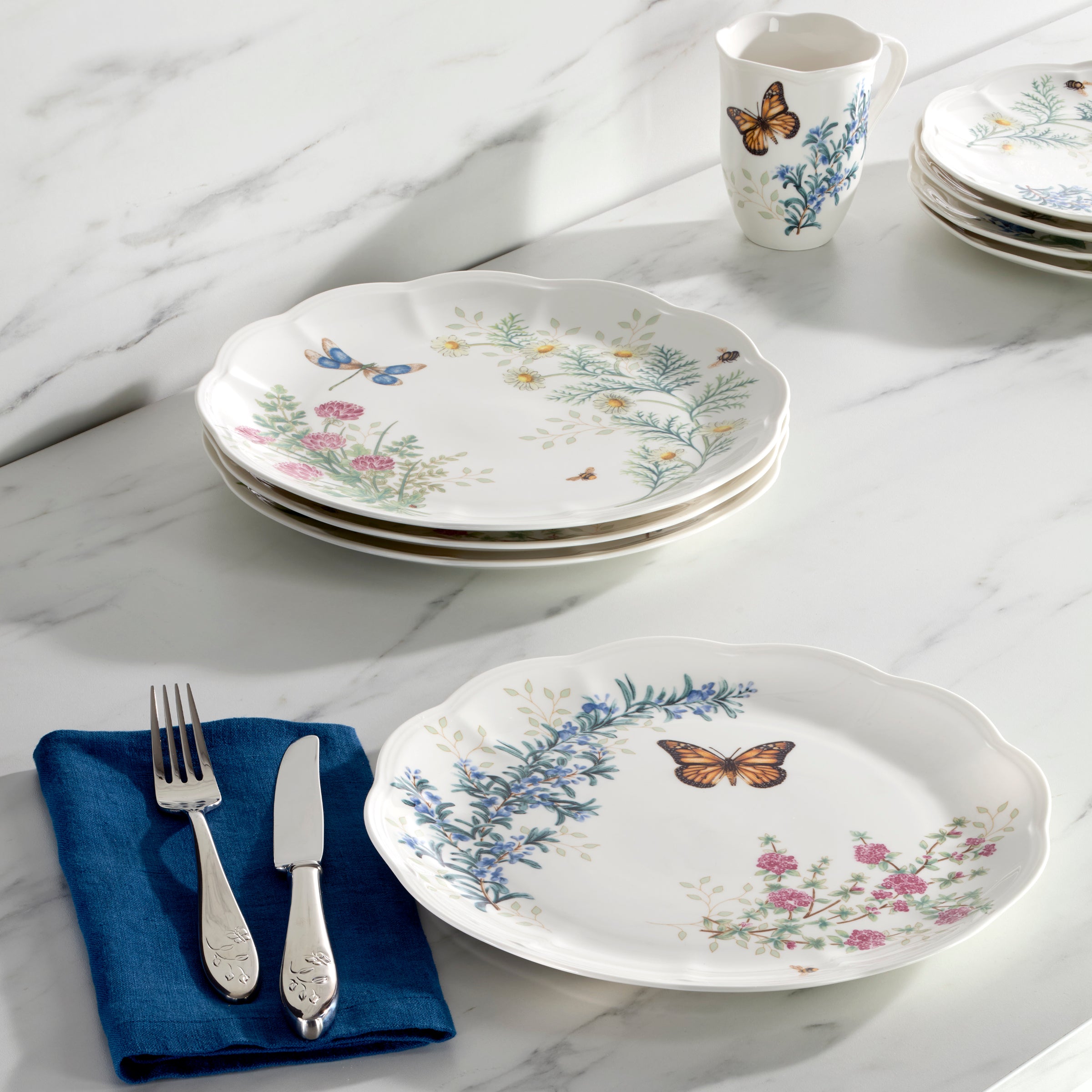 Butterfly Meadow Herbs Dinner Plates Set of 4 - Elegant Floral Ceramic Plates for Dining, Entertaining & Home Decor - Perfect for Dinner Parties, Family Meals & Kitchen Decor