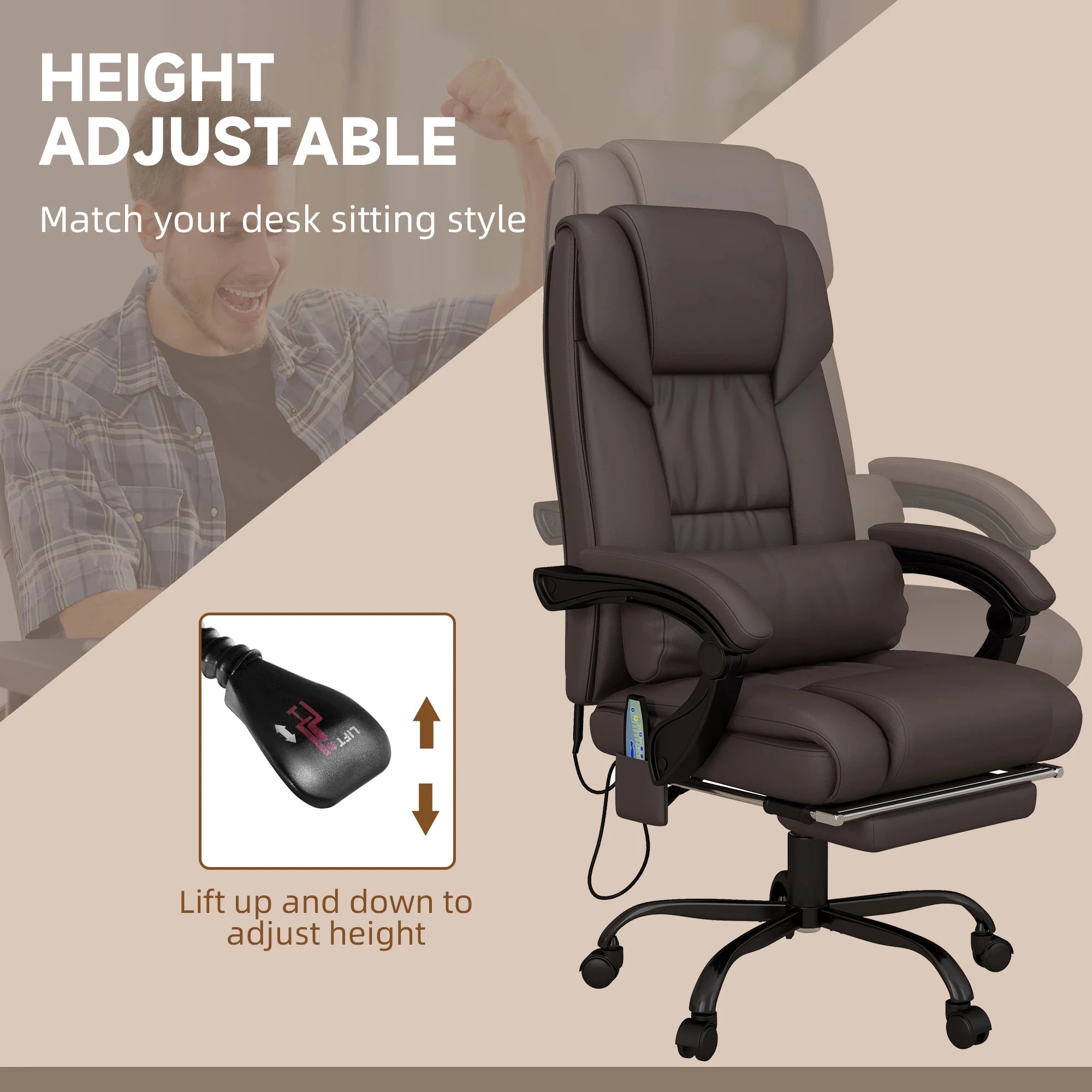 6-Point Vibration Massage Faux Leather Office Chair - Brown Ergonomic Executive Chair for Home & Office Use - Perfect for Long Work Hours & Back Pain Relief